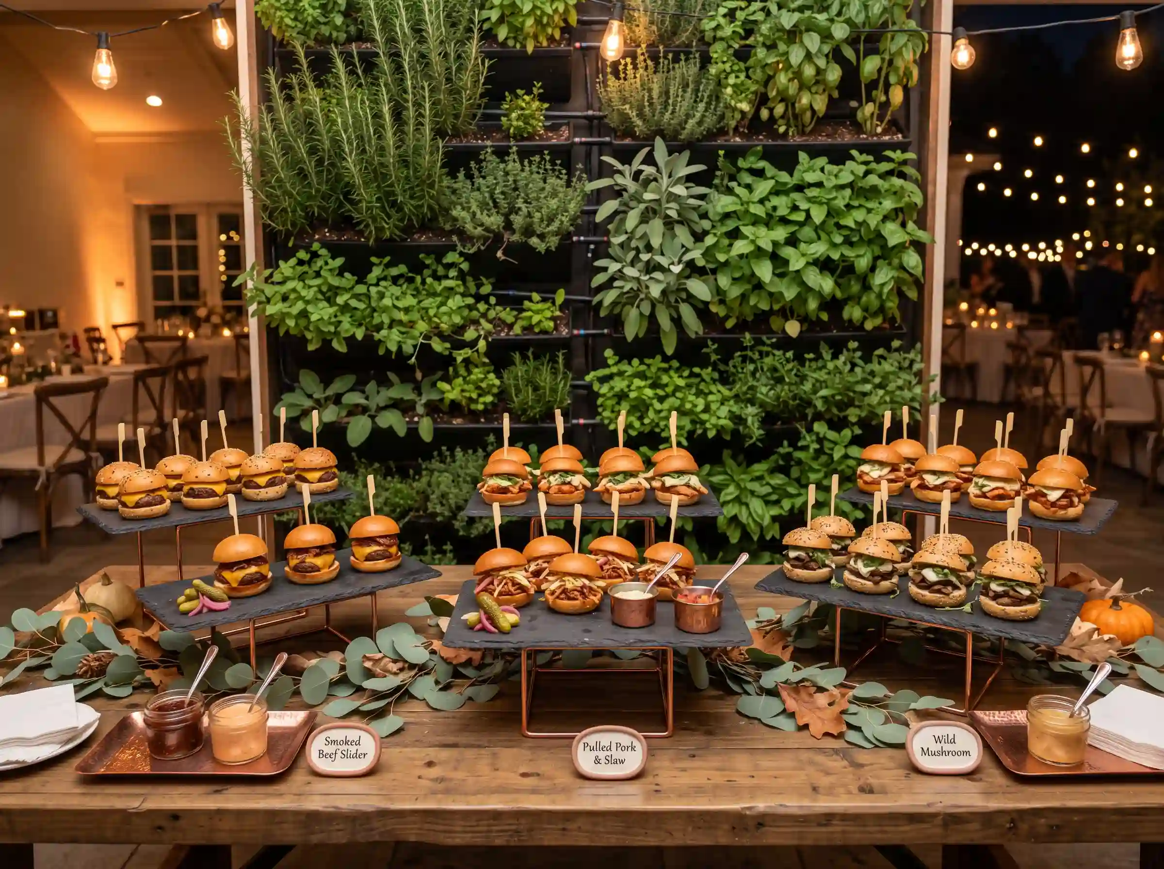 Gourmet artisan slider station with slate boards living herb wall and copper stands at outdoor wedding