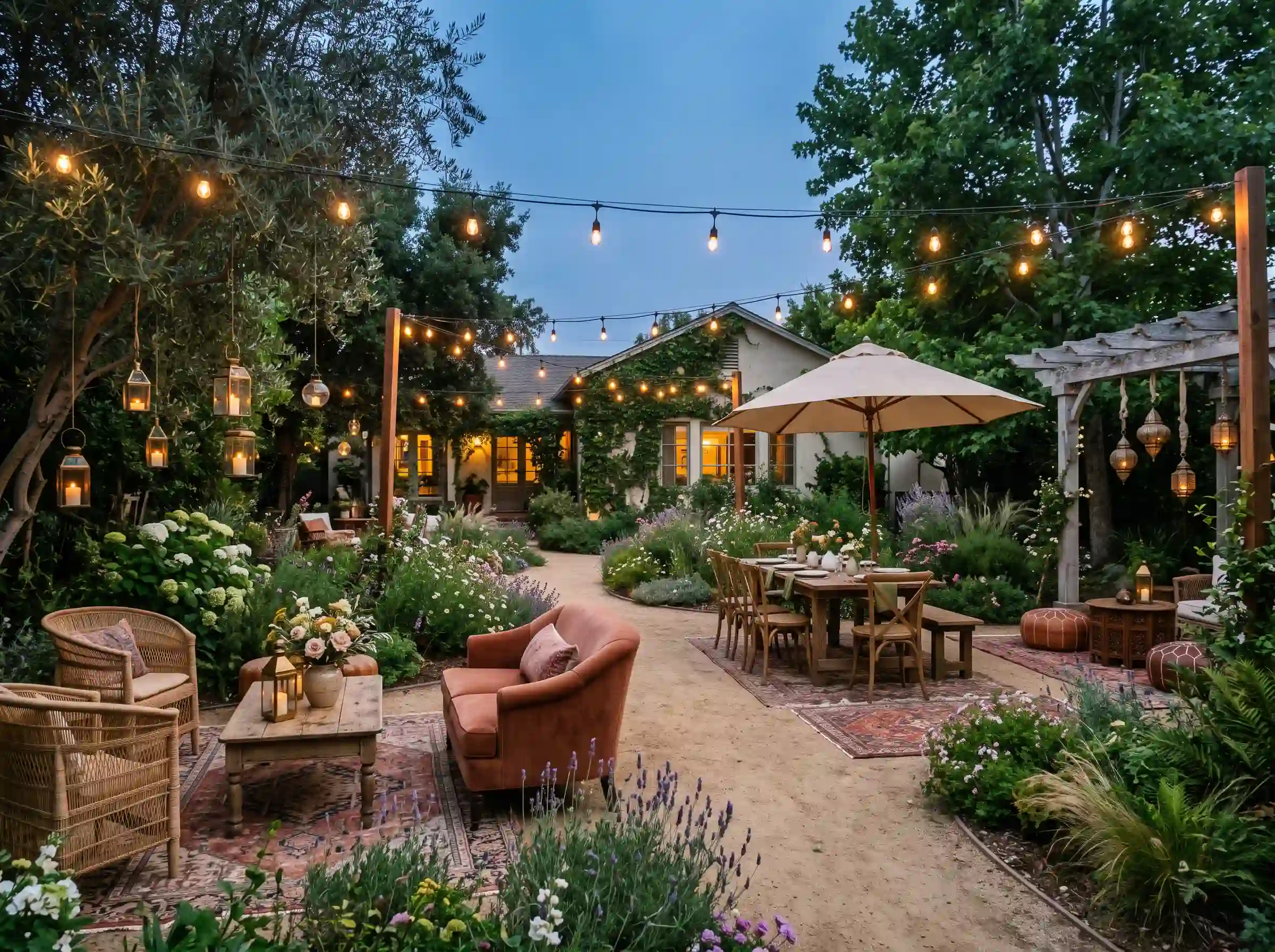 Festival-style backyard reception with wicker lounge areas, layered rugs, wildflowers, and oversized umbrellas