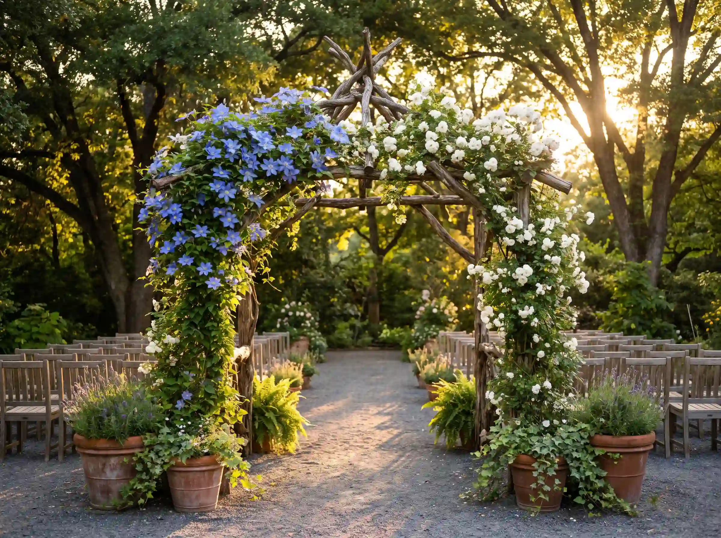 Blooming blue clematis vines weaving across a handcrafted wooden wedding arch with white climbing roses and jasmine