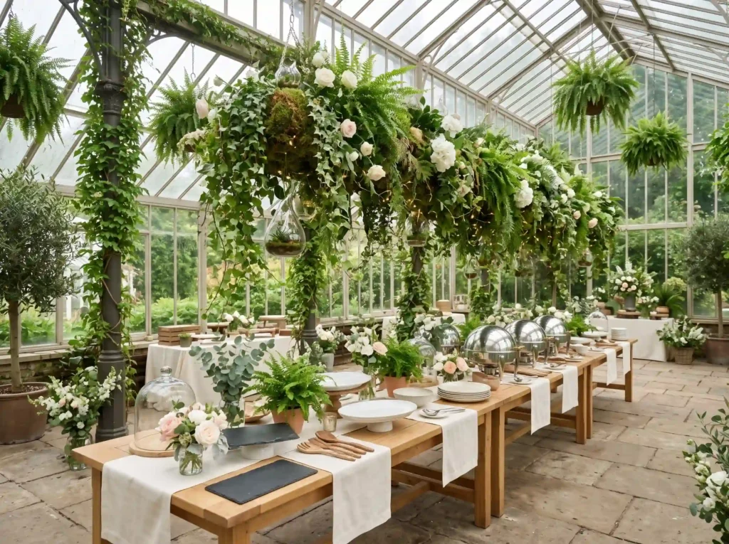 Botanical Greenhouse Buffet Inspiration A lush Greenhouse buffet with plants K