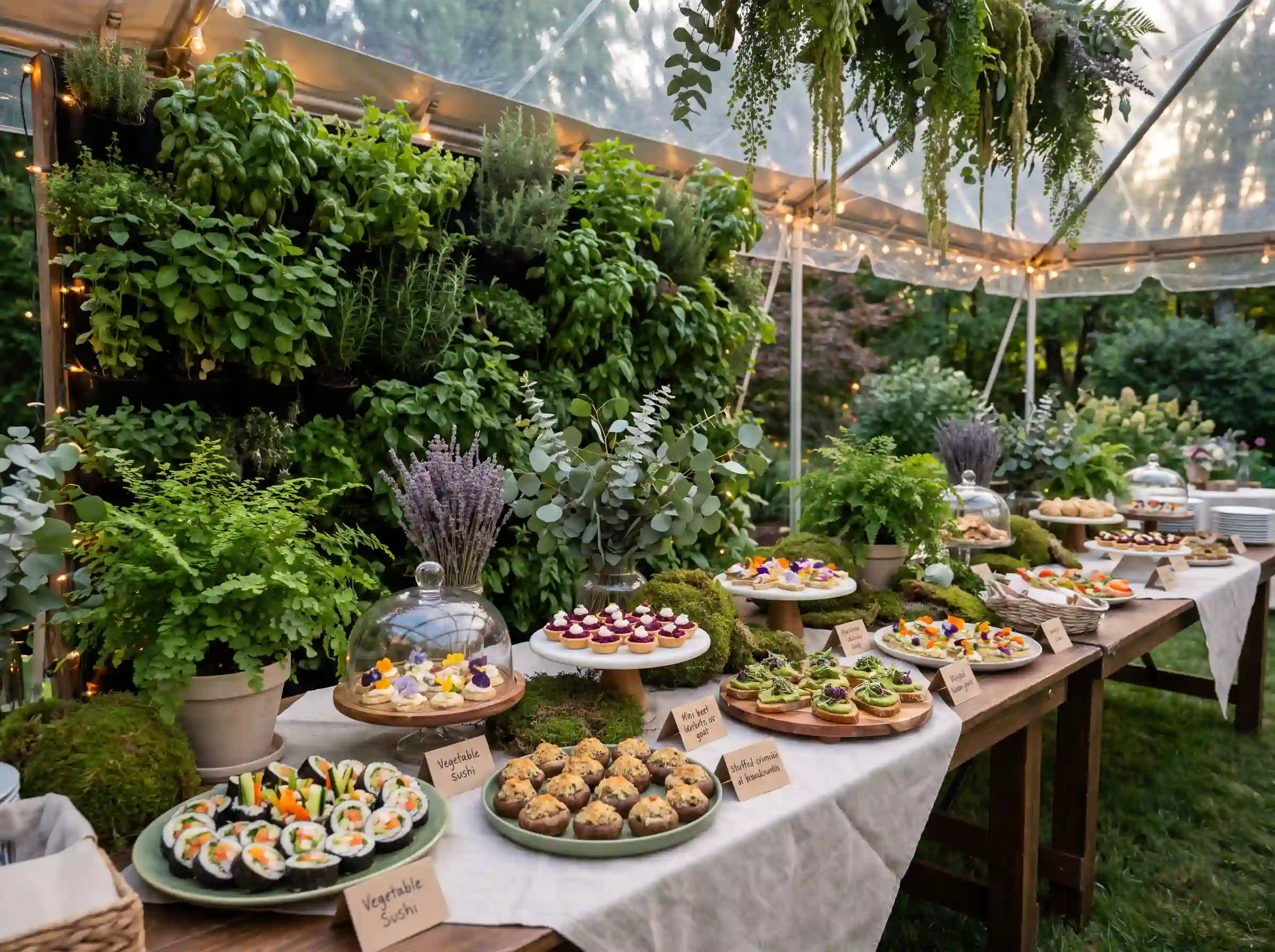 Botanical vegan wedding buffet with living herb walls edible flowers colorful plant-based finger foods