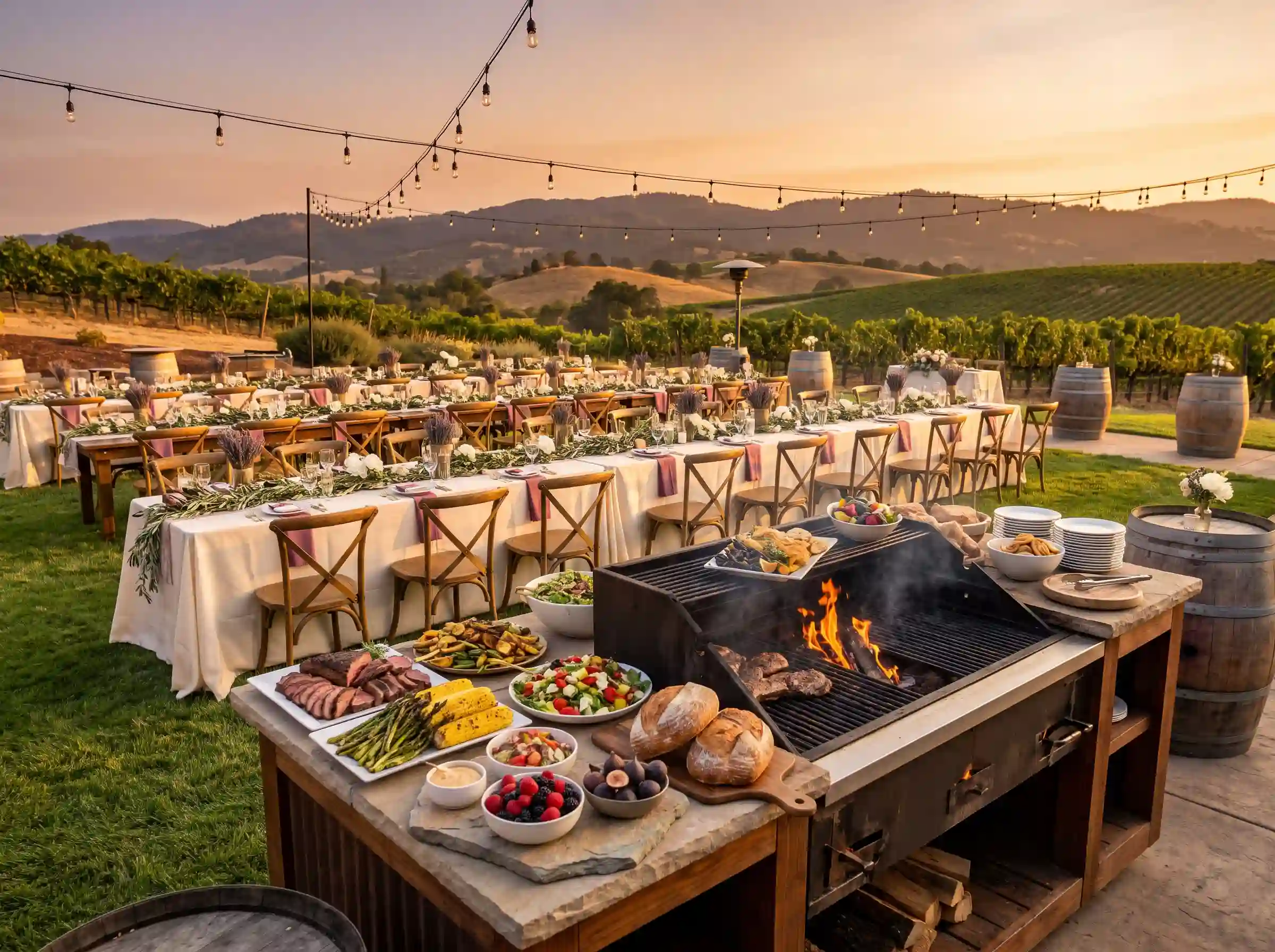 California vineyard BBQ wedding reception with oak-fired tri-tip and lavender olive branch décor