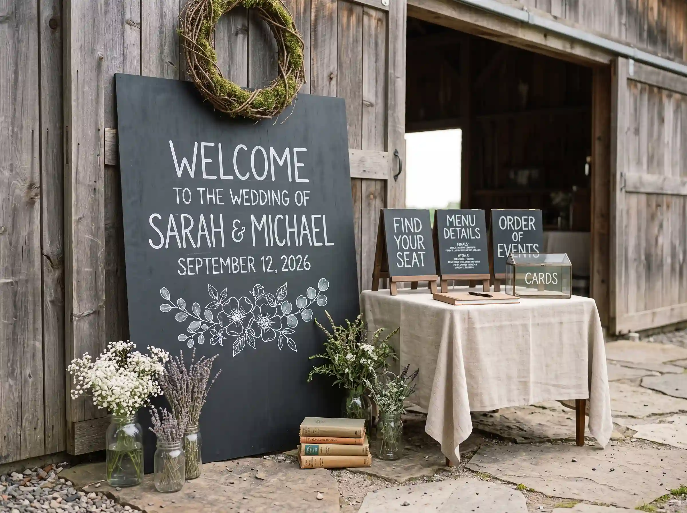 Rustic chalkboard welcome wall with hand-lettered couple names mason jars of baby breath and vintage book styling