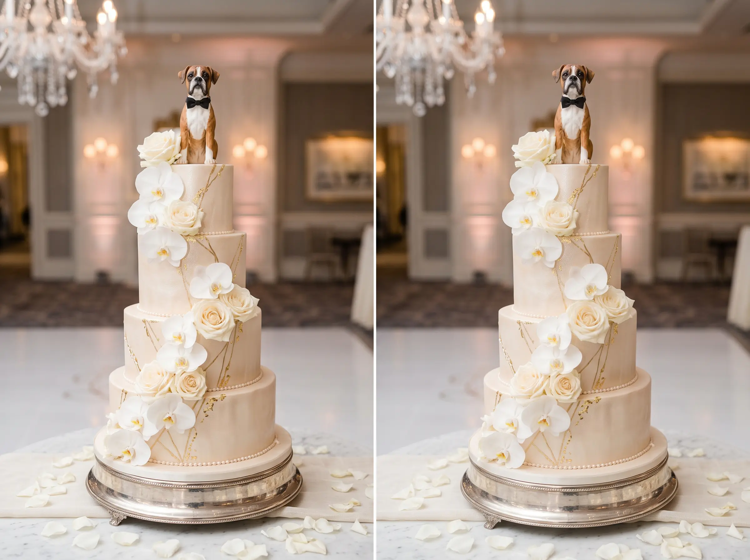 Modern glamour champagne gold wedding cake with boxer dog figurine and luxe details