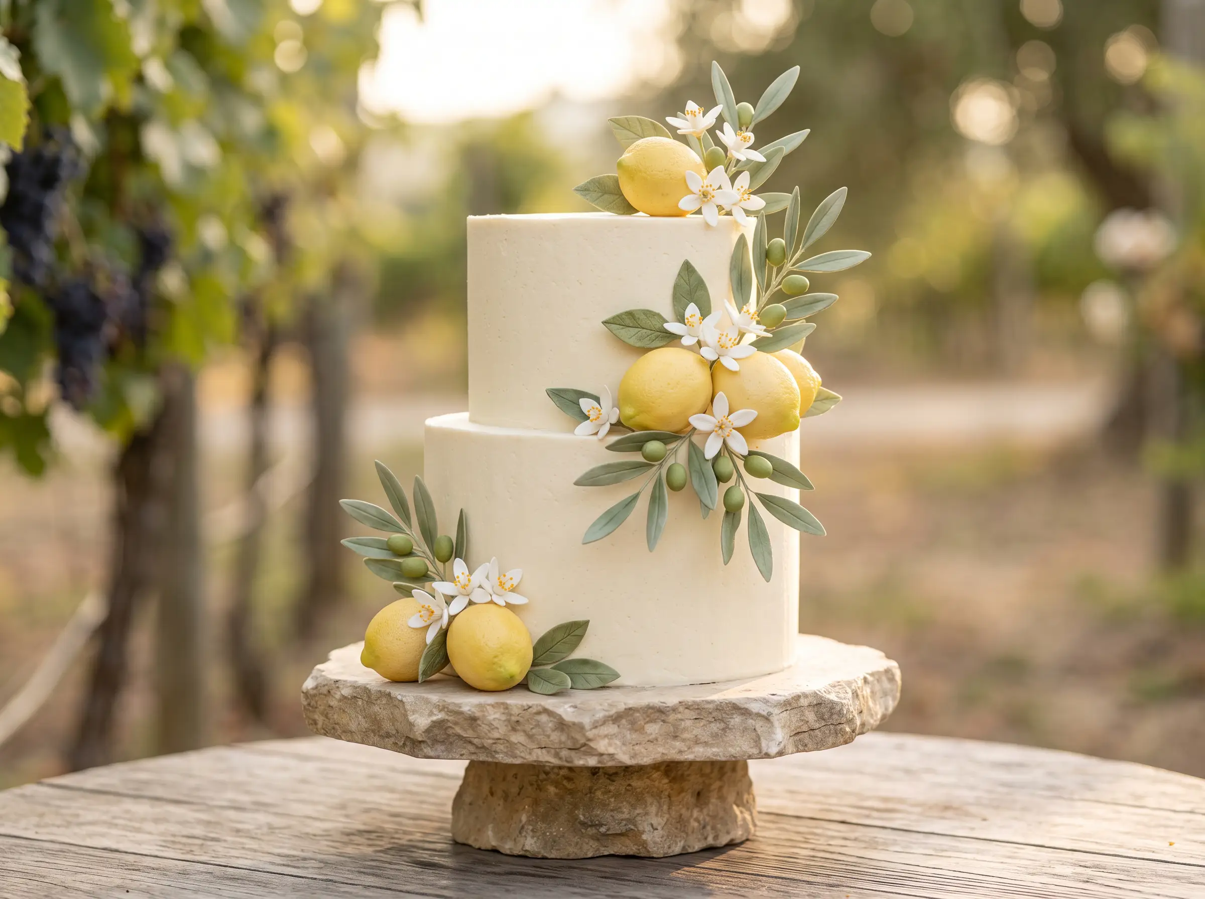 Bright two-tier wedding cake adorned with sugar lemons and green leaves for Mediterranean flair