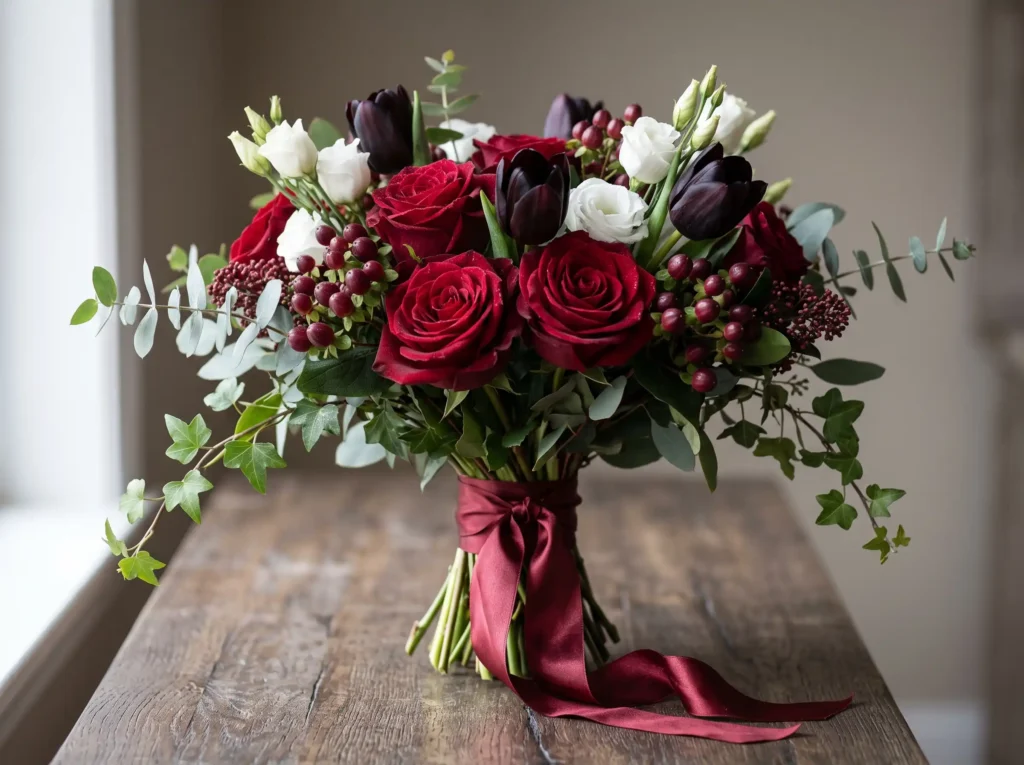 Crimson Noir Garden Inspiration Passionate flor Crimson roses black tulips bouquet