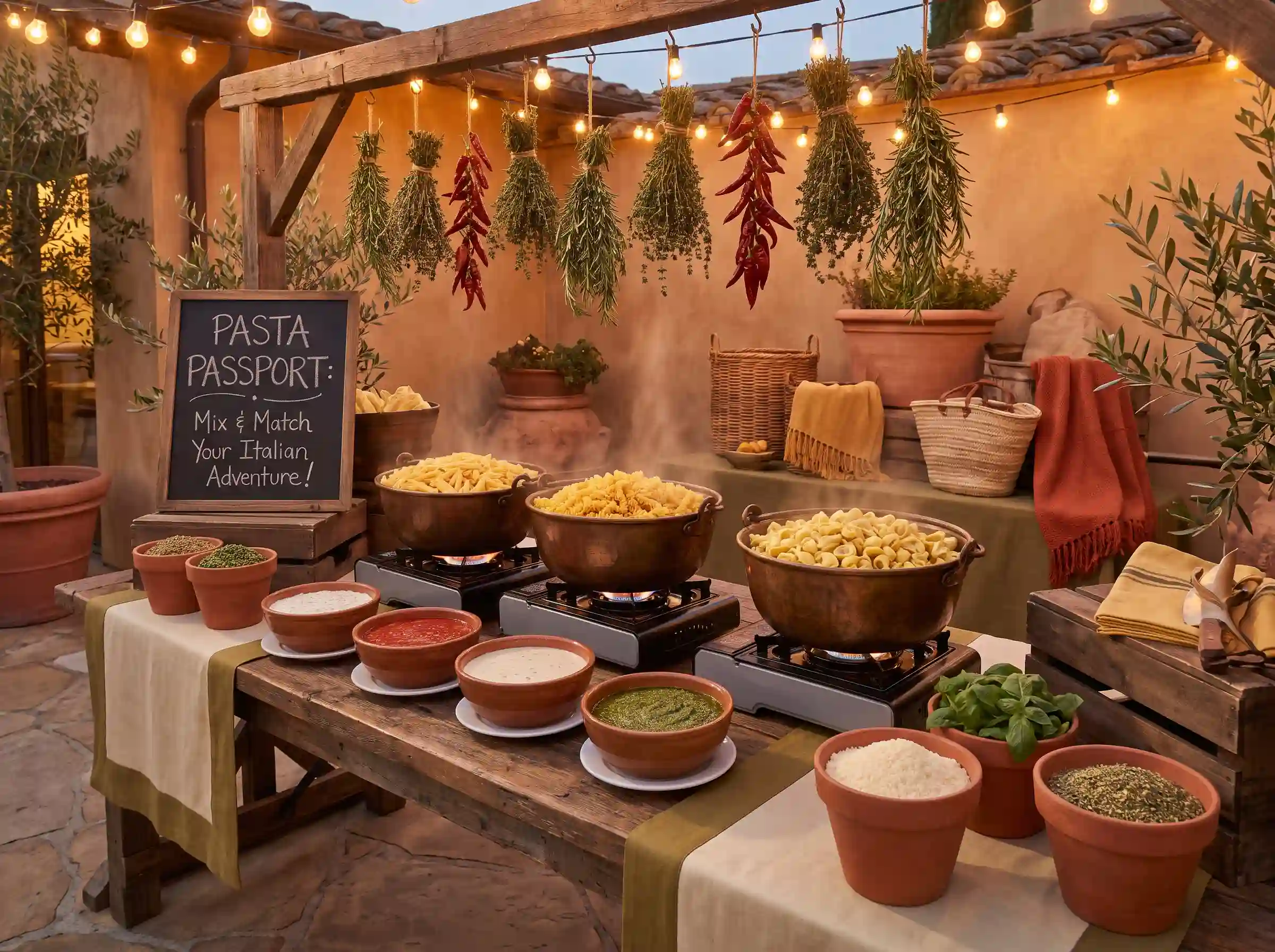 Rustic Tuscan pasta bar with bronze cauldron pots of steaming pasta terracotta sauce bowls hanging dried herbs and string lights