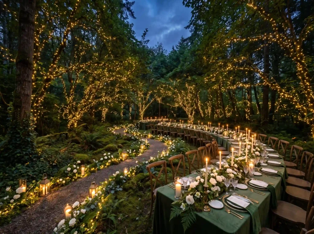 Enchanted Twilight Grove Inspiration An etherea Woodland reception with fairy li…