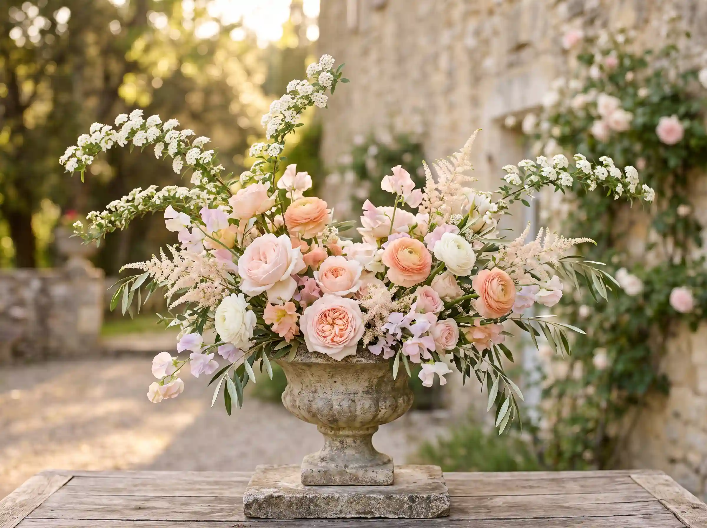 French garden roses spring wedding arrangement with blush roses peach ranunculus in antique stone urns