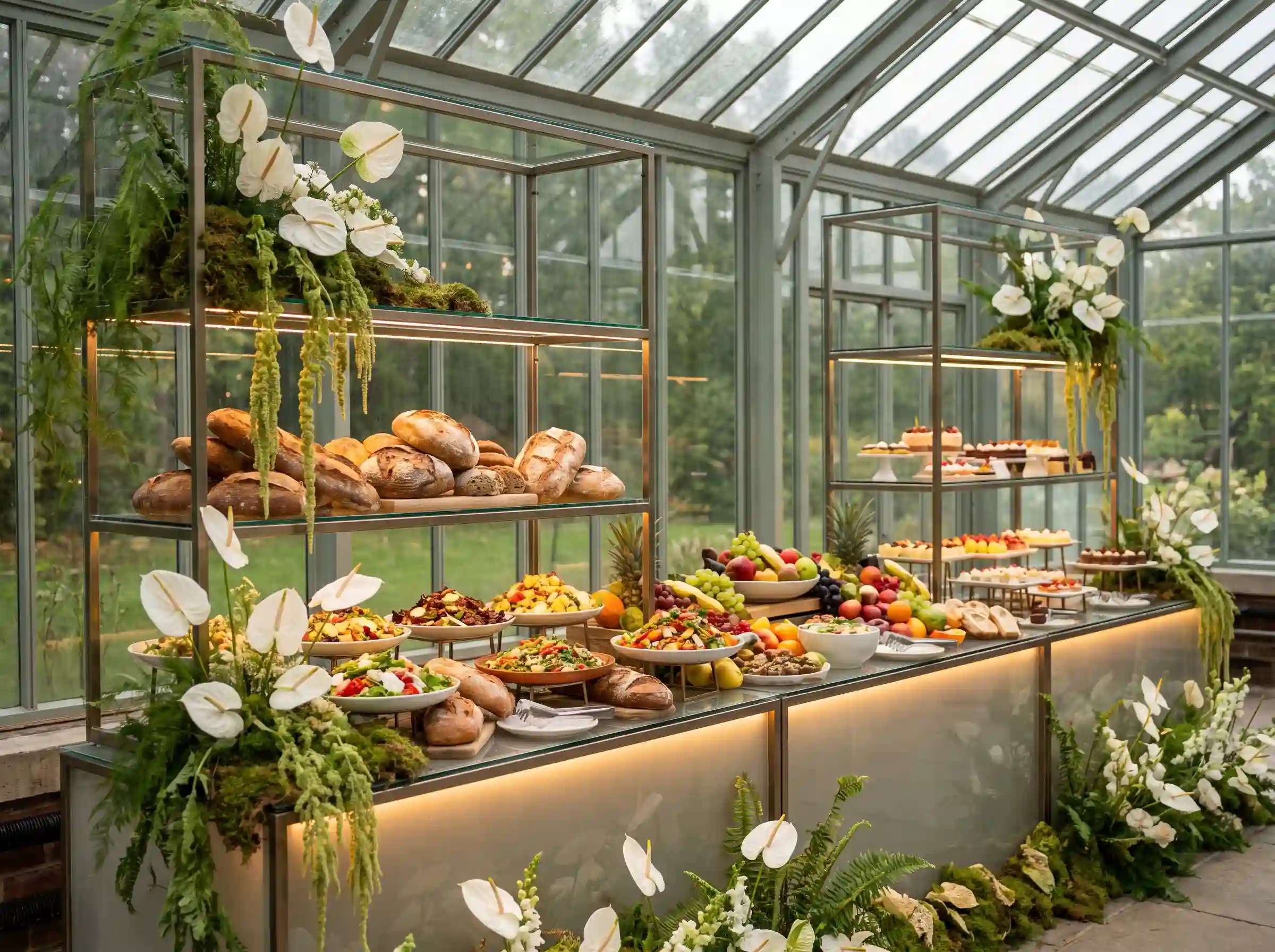 Glasshouse greenery wedding buffet with transparent shelves ferns and warm LED greenhouse lighting