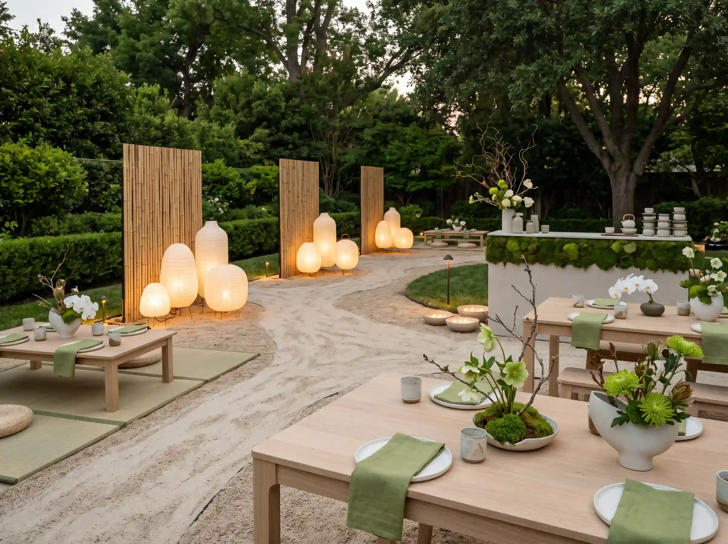 Serene Japandi tea garden reception with low dining tables paper lanterns bamboo screens and ikebana florals