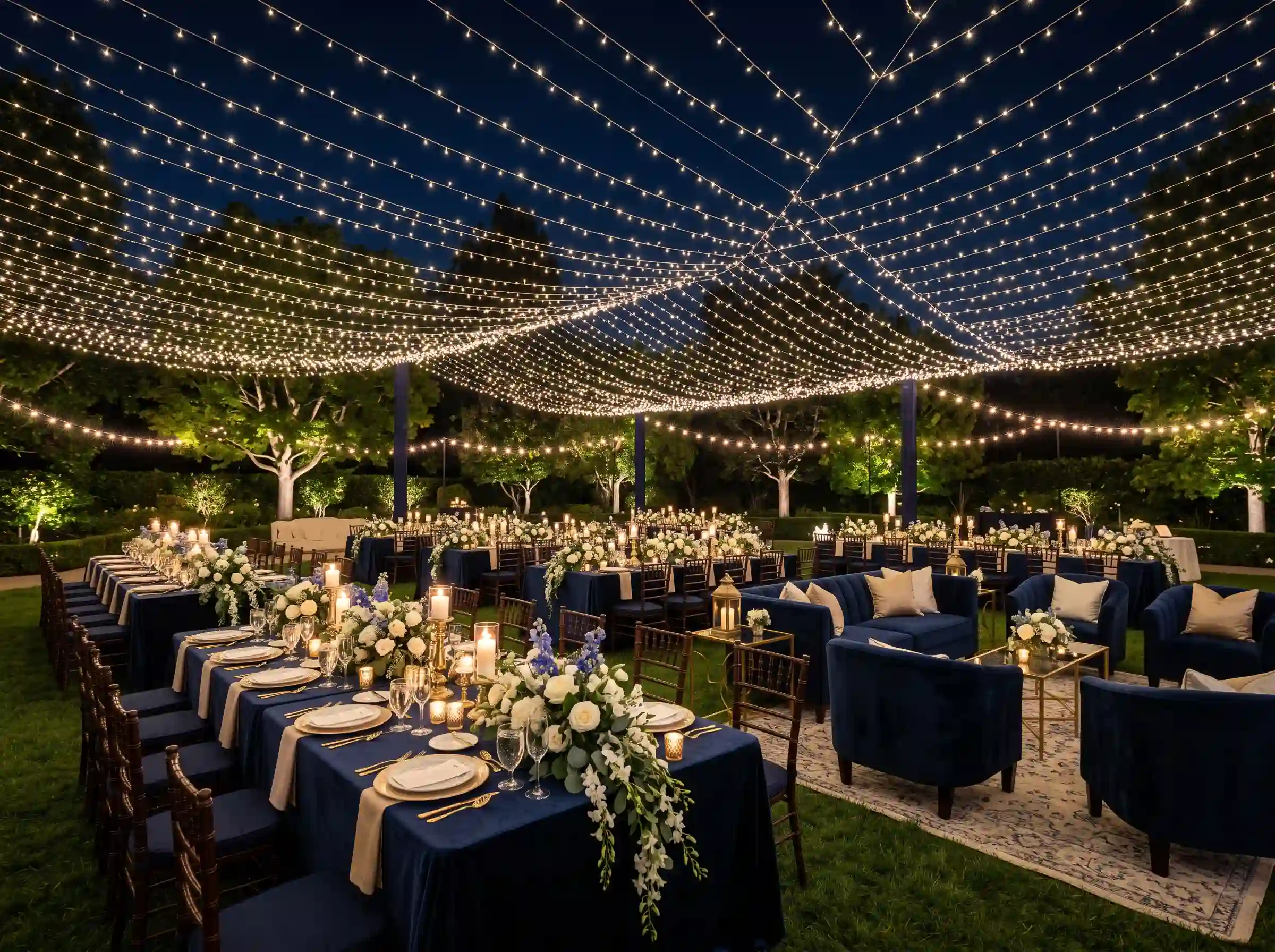 Midnight garden under the stars reception with suspended fairy light canopy and grand white floral arrangements