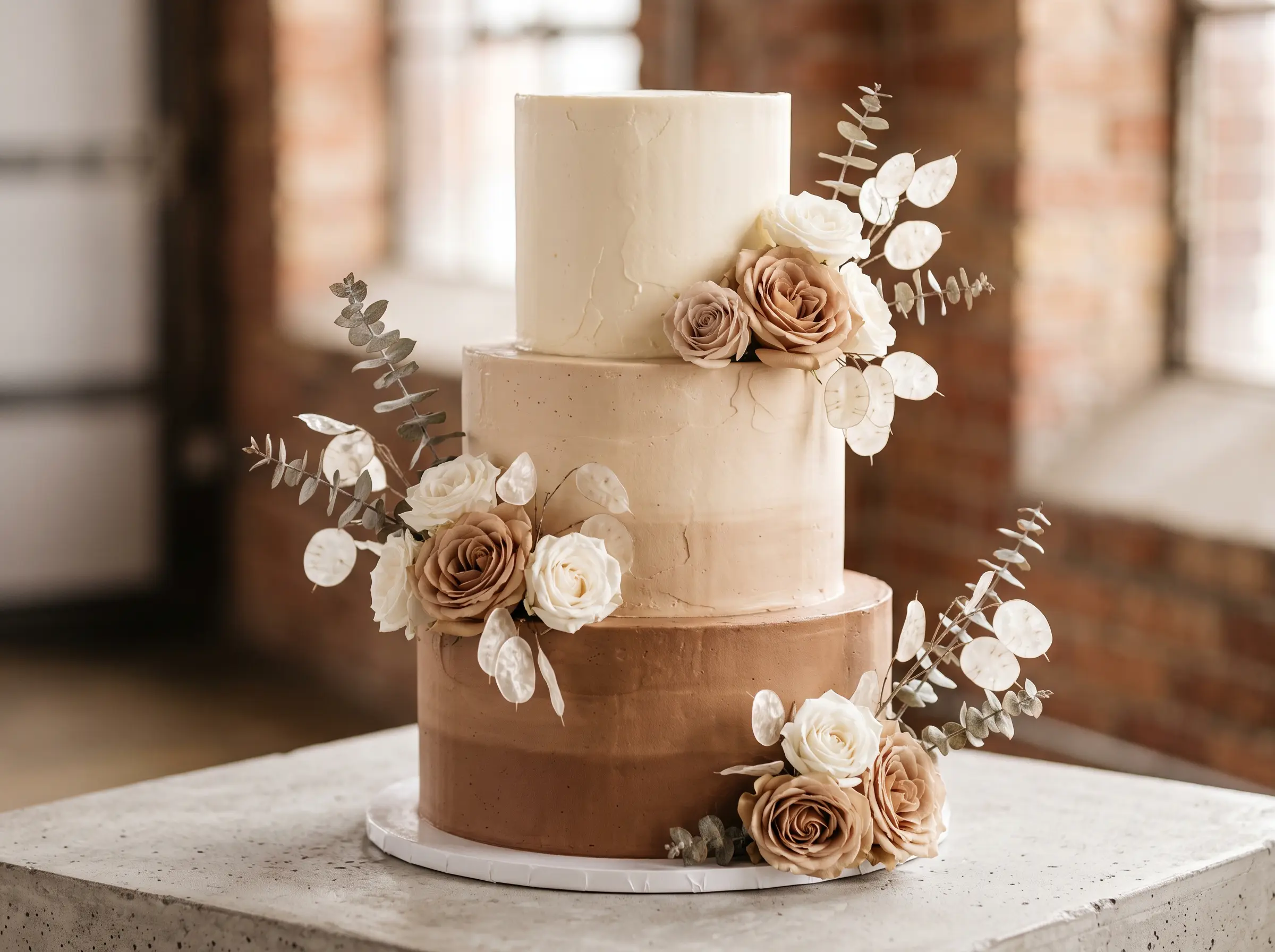 Mocha toned wedding cake with neutral palette and artisan cafe inspired elegant design