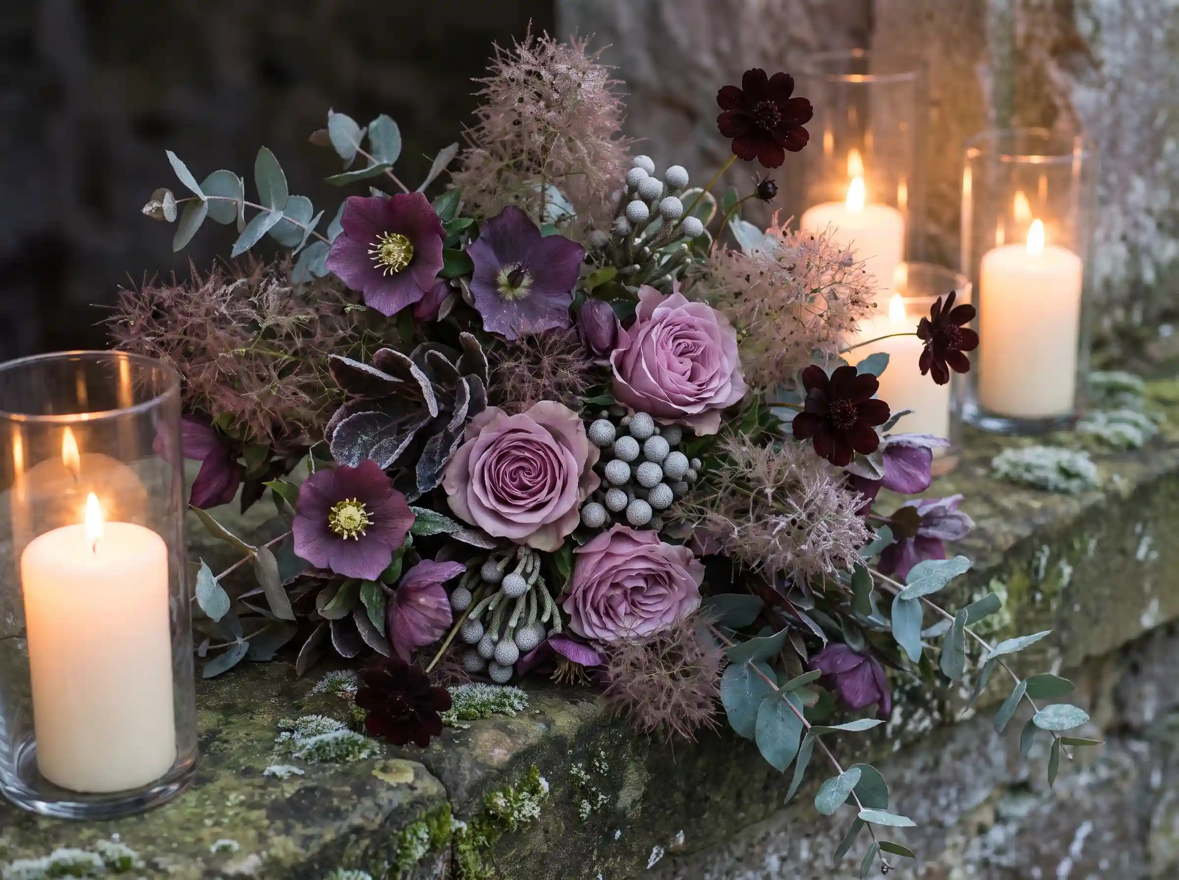 Moody plum hellebore bouquet with smoke bush chocolate cosmos and silver brunia