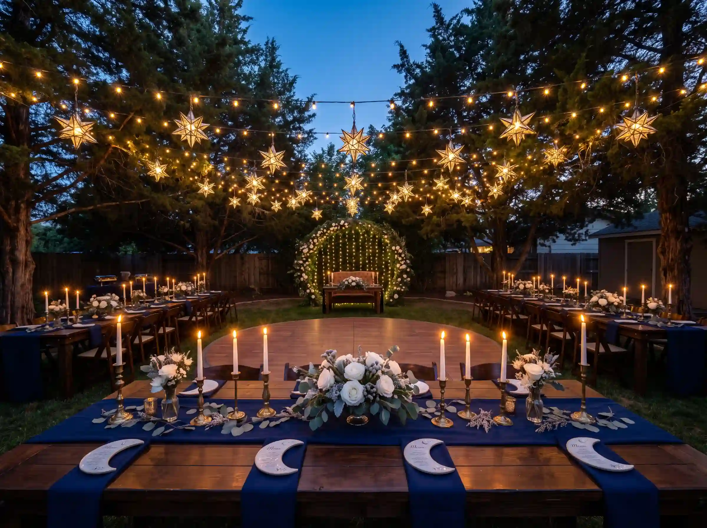 Rustic celestial night yard wedding reception with star lanterns and brass candlesticks