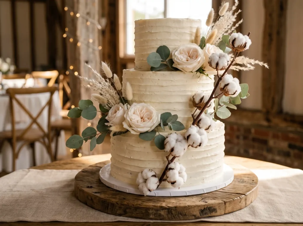 Rustic Cotton Fields Inspiration Soft cotton bl Wedding cake with cotton stems