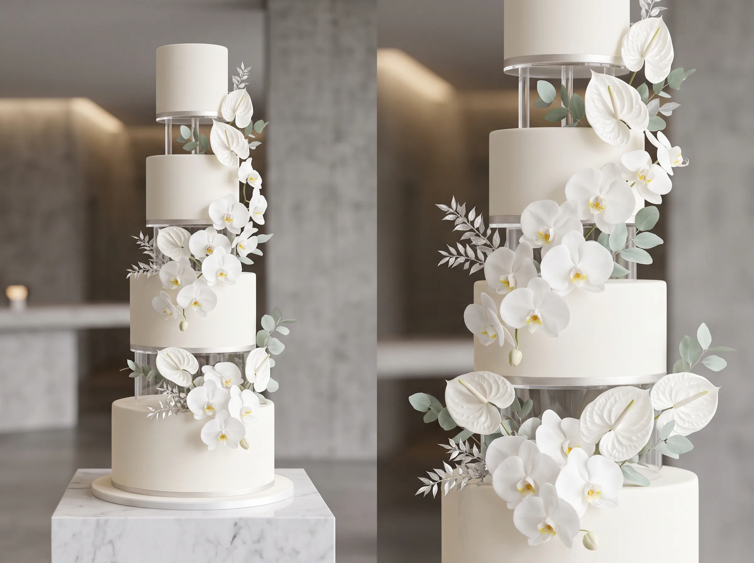 Modern sculptural white wedding cake tower adorned with fresh white orchid accents