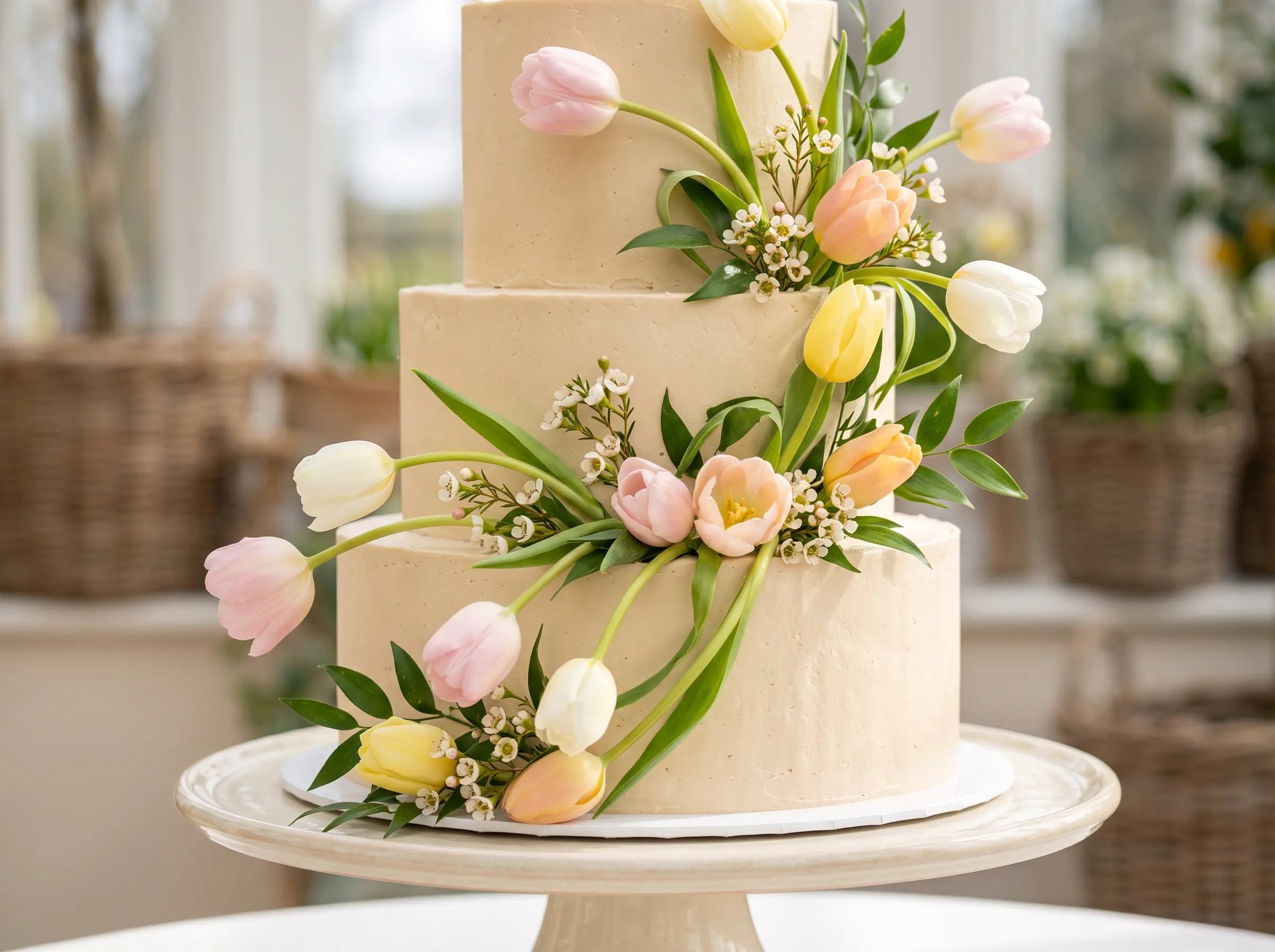 Fresh spring tulip wedding cake with bright colorful tulip blooms arranged on modern white tiers