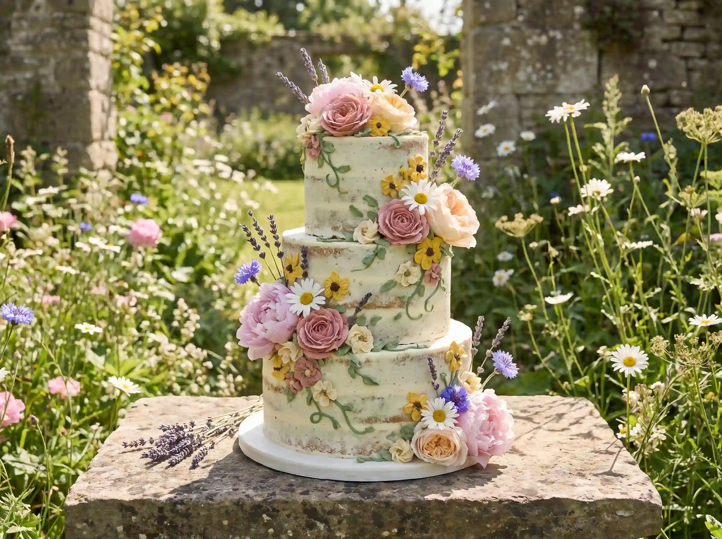 Naked style wildflower meadow wedding cake with piped buttercream peonies and dried lavender stems