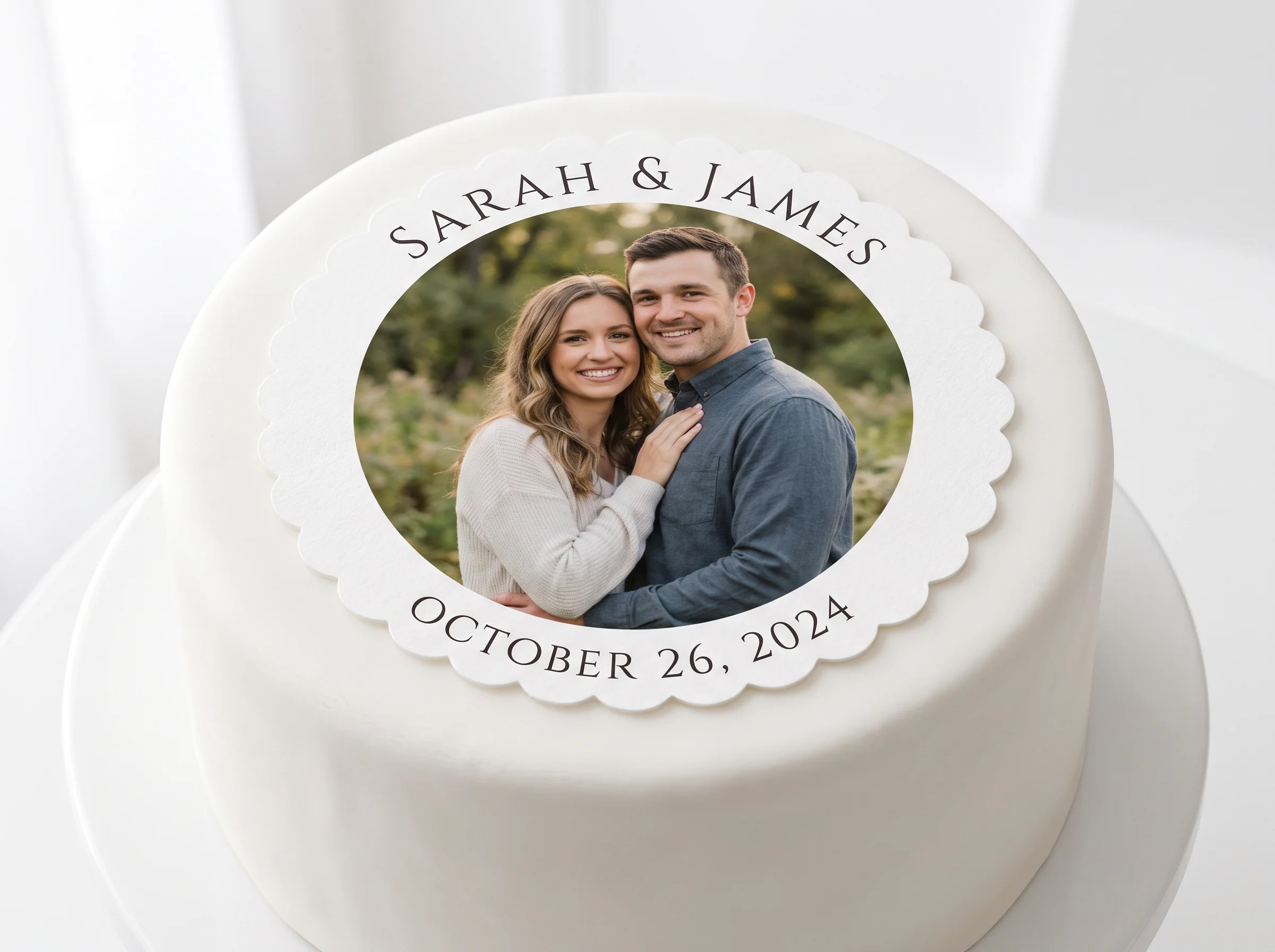 Edible frosting paper round photo print wedding cake topper with scalloped border