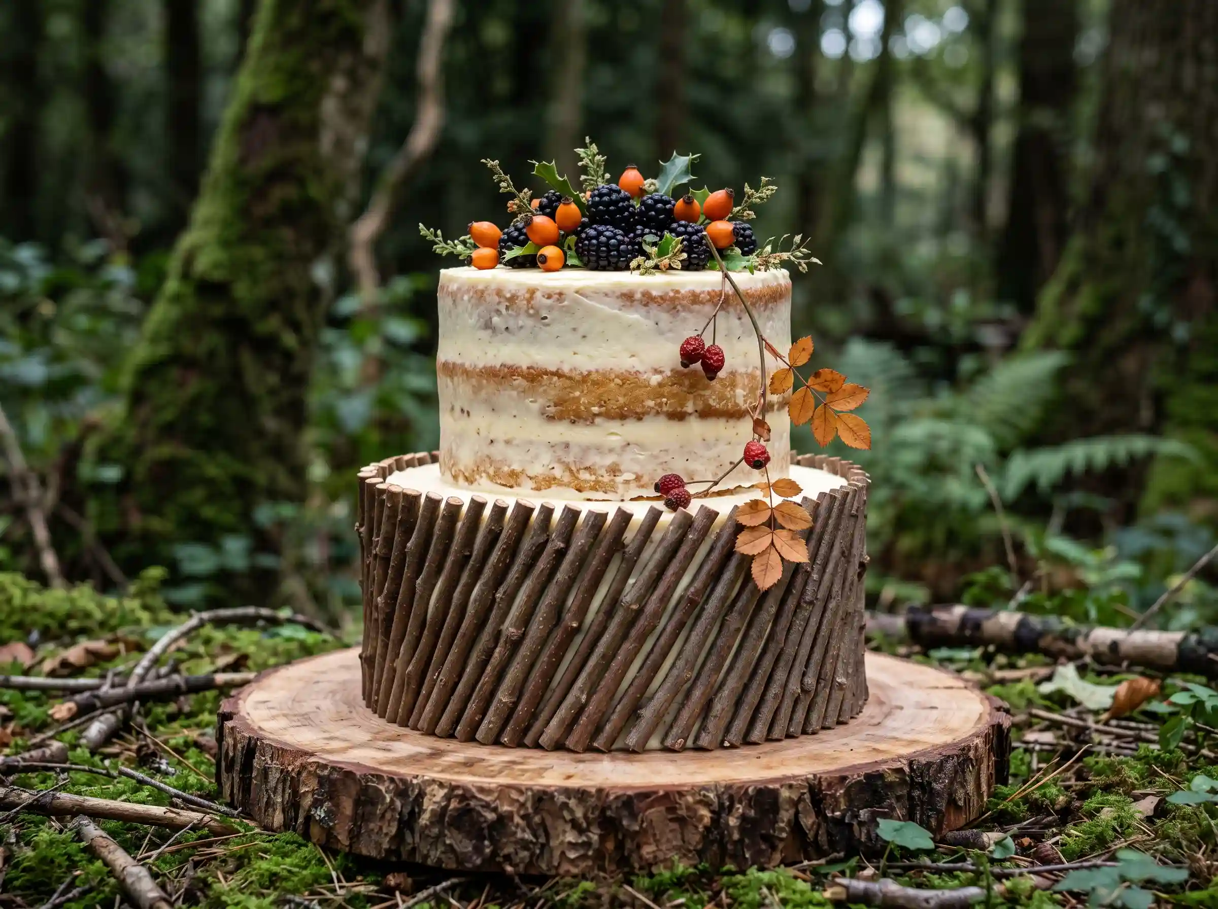 Naked woodland wedding cake with dried twig ring fresh blackberries and rosehip sprigs