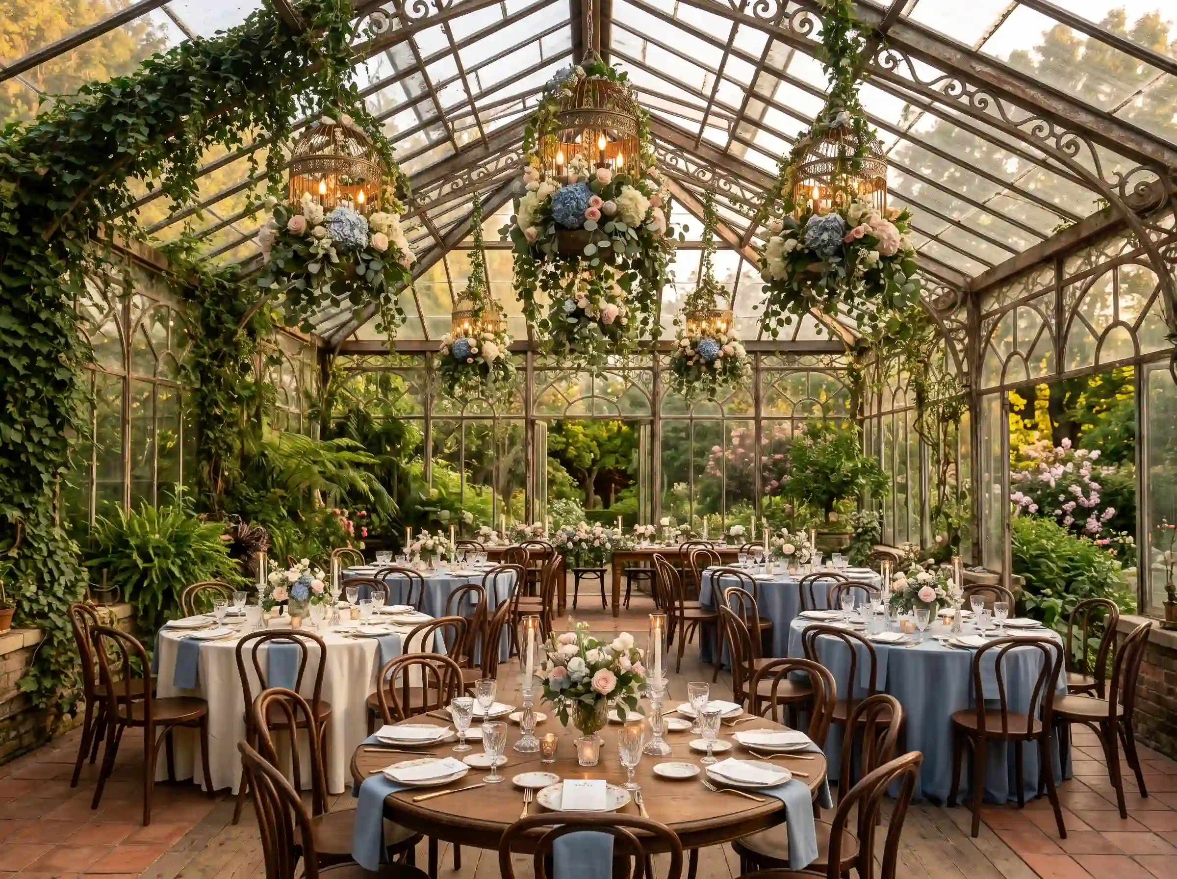 Vintage conservatory wedding romance with Victorian glass walls and overflowing floral chandeliers in soft light