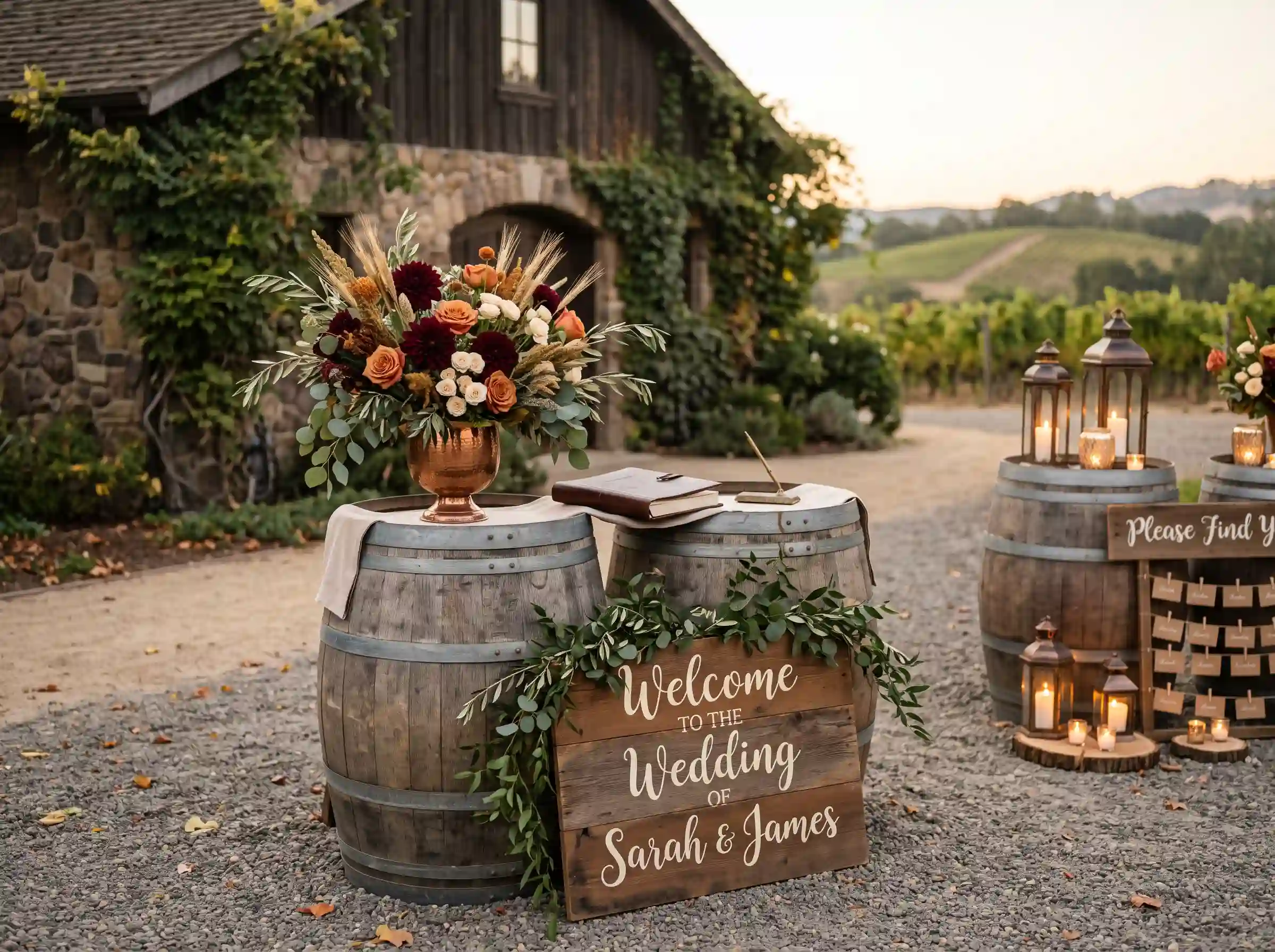 Winery wedding welcome area with wine barrels autumn floral arrangement and wooden welcome sign