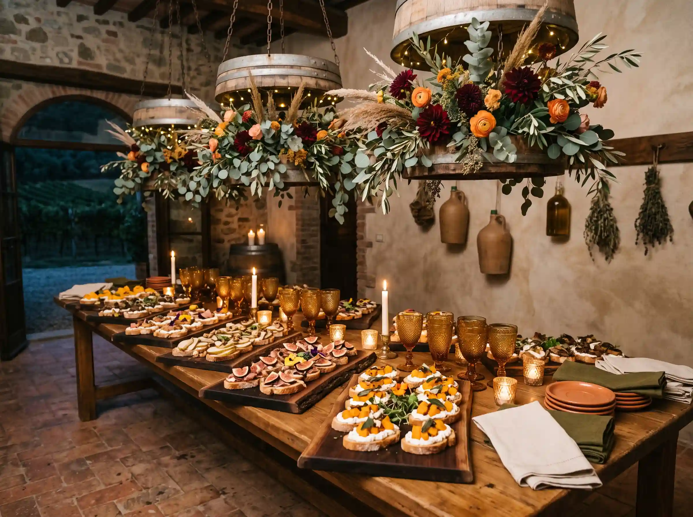 Italian bruschetta crostini station with wine barrel floral chandeliers and amber glassware at vineyard wedding