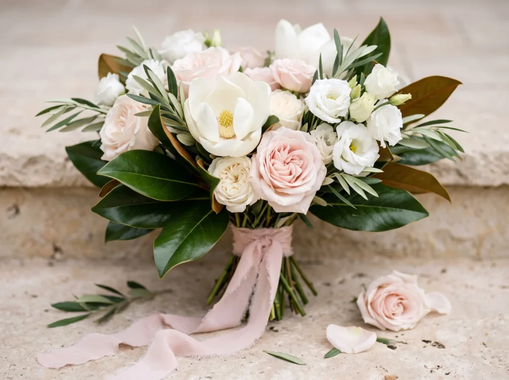 Blooming Magnolia Grace Inspiration Southern ma Magnolia bridal bouquet blush roses