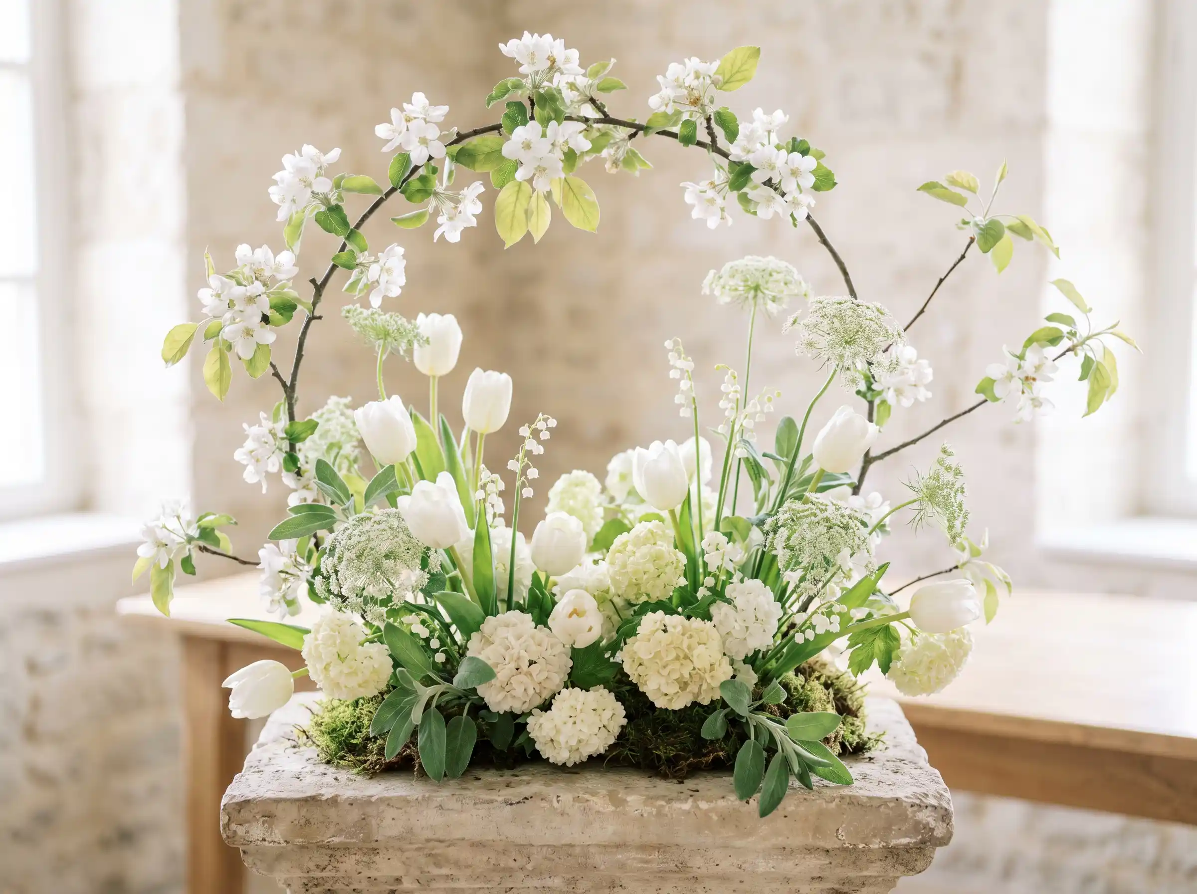 Blooming orchard whites wedding centerpiece with flowering apple branches white tulips and morning sunlight