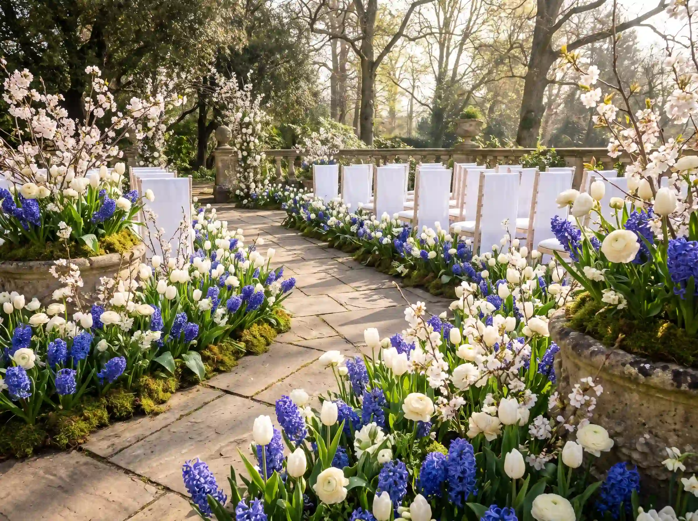 Dense clusters of fragrant cobalt blue hyacinths with white tulips and ranunculus in a richly layered spring wedding ceremony