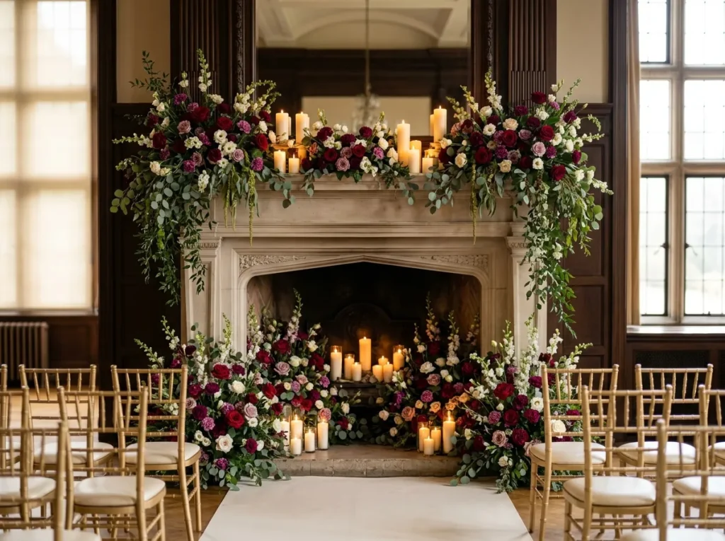 Burgundy Fireplace Floral Mantel Inspiration Hi Burgundy floral mantel with candles