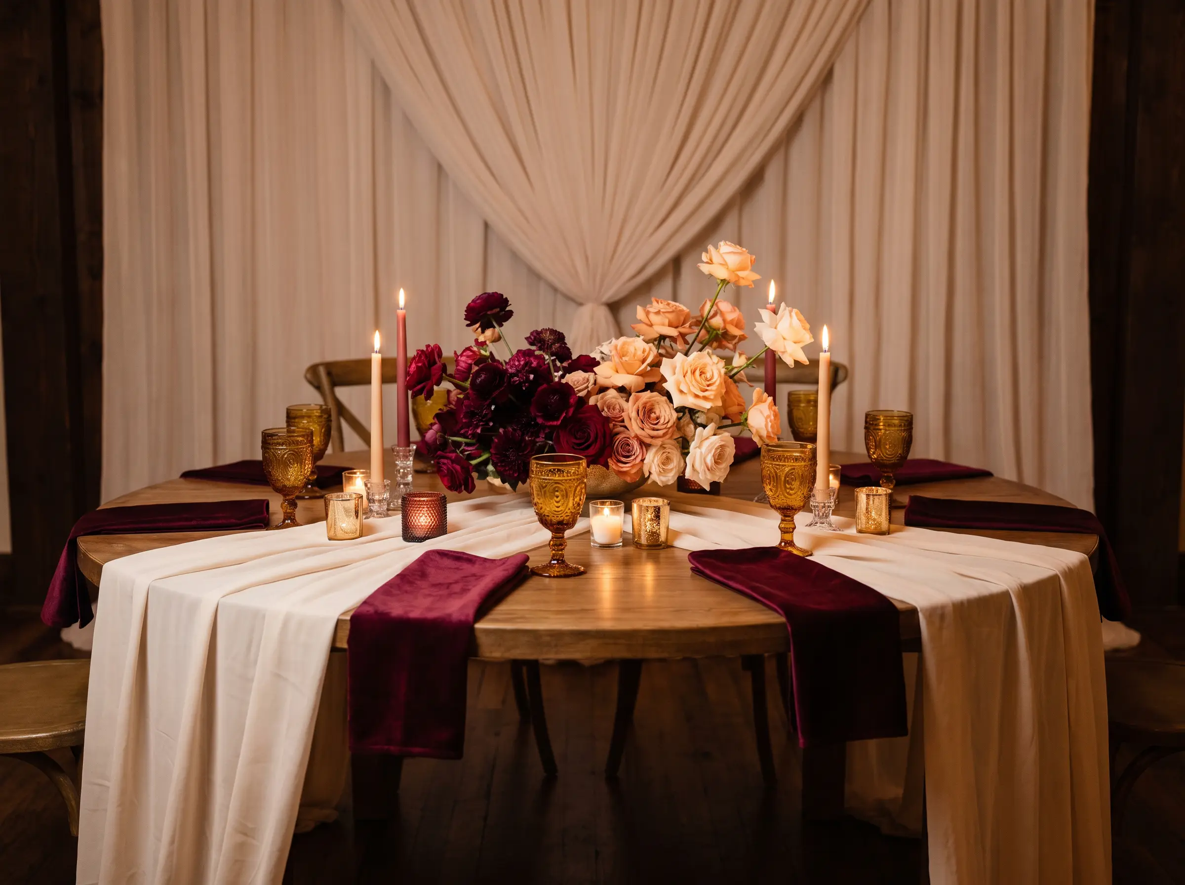 Trending burgundy and peach wedding table with lush mixed florals and warm romantic tones