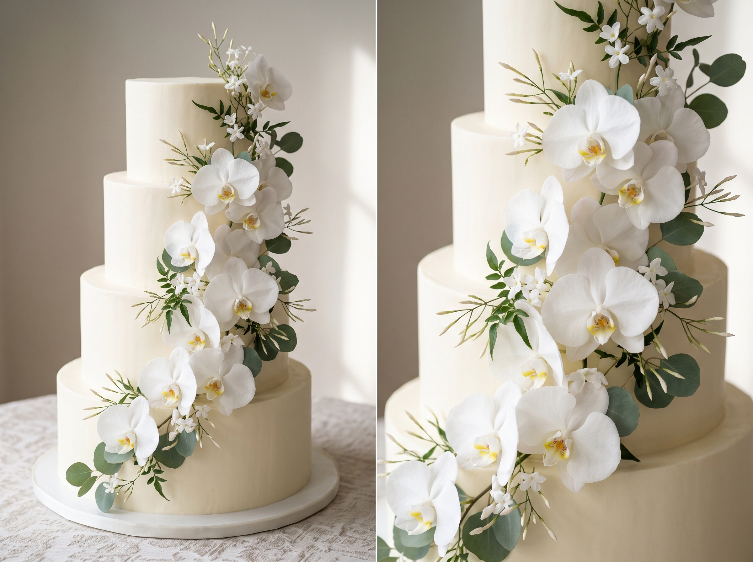 Elegant tiered wedding cake with cascading orchids flowing gracefully down multiple layers