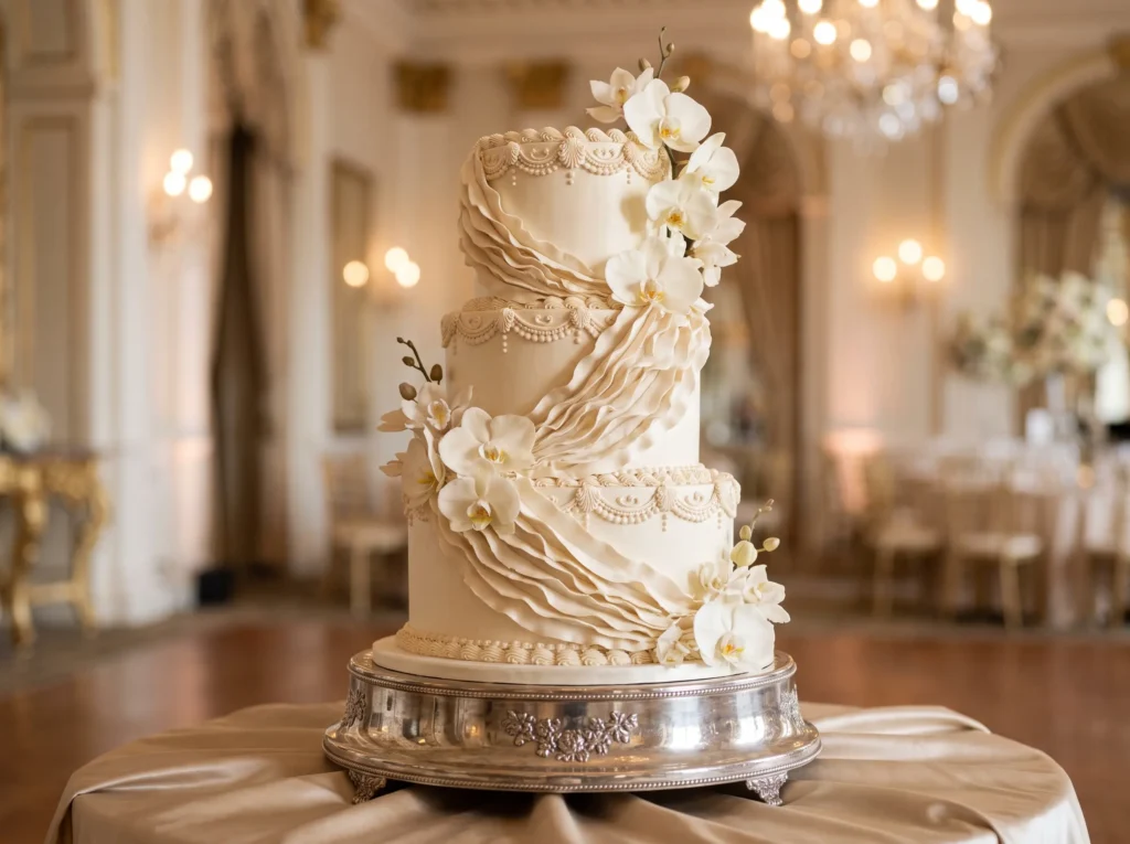 Champagne Silk Ruffles Inspiration Flowing brid Champagne wedding cake ruffles K