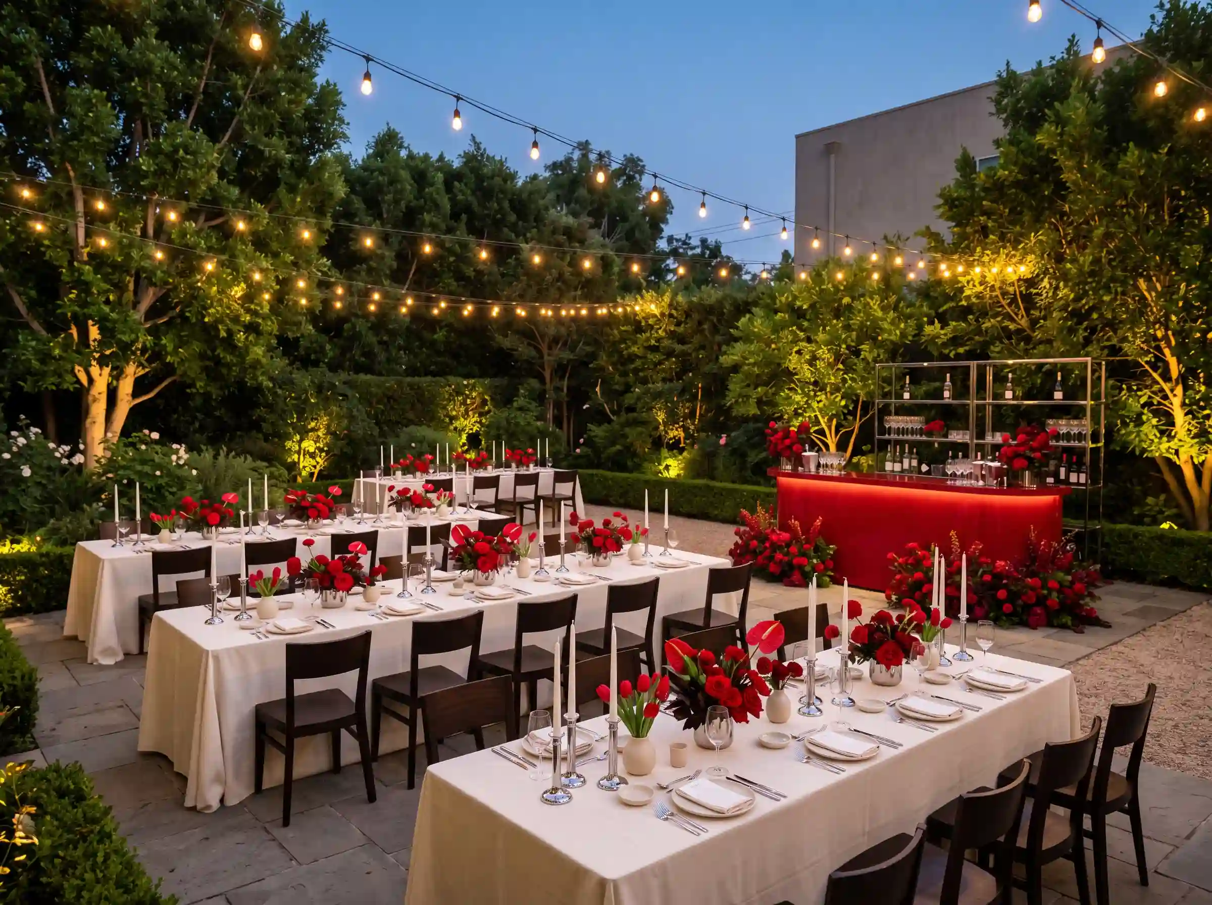 Bold cherry red editorial garden reception with chrome accents red tulips espresso chairs and sculptural bar