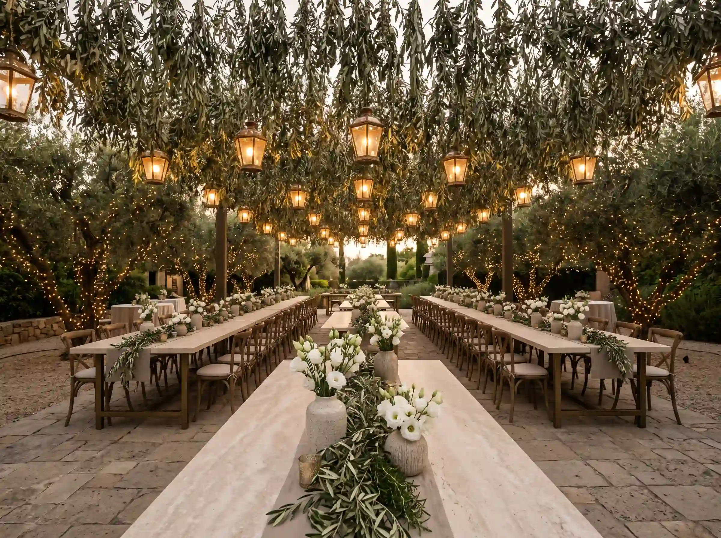 Evening olive grove wedding escape with silver-green olive branches and warm candlelight on Mediterranean tables