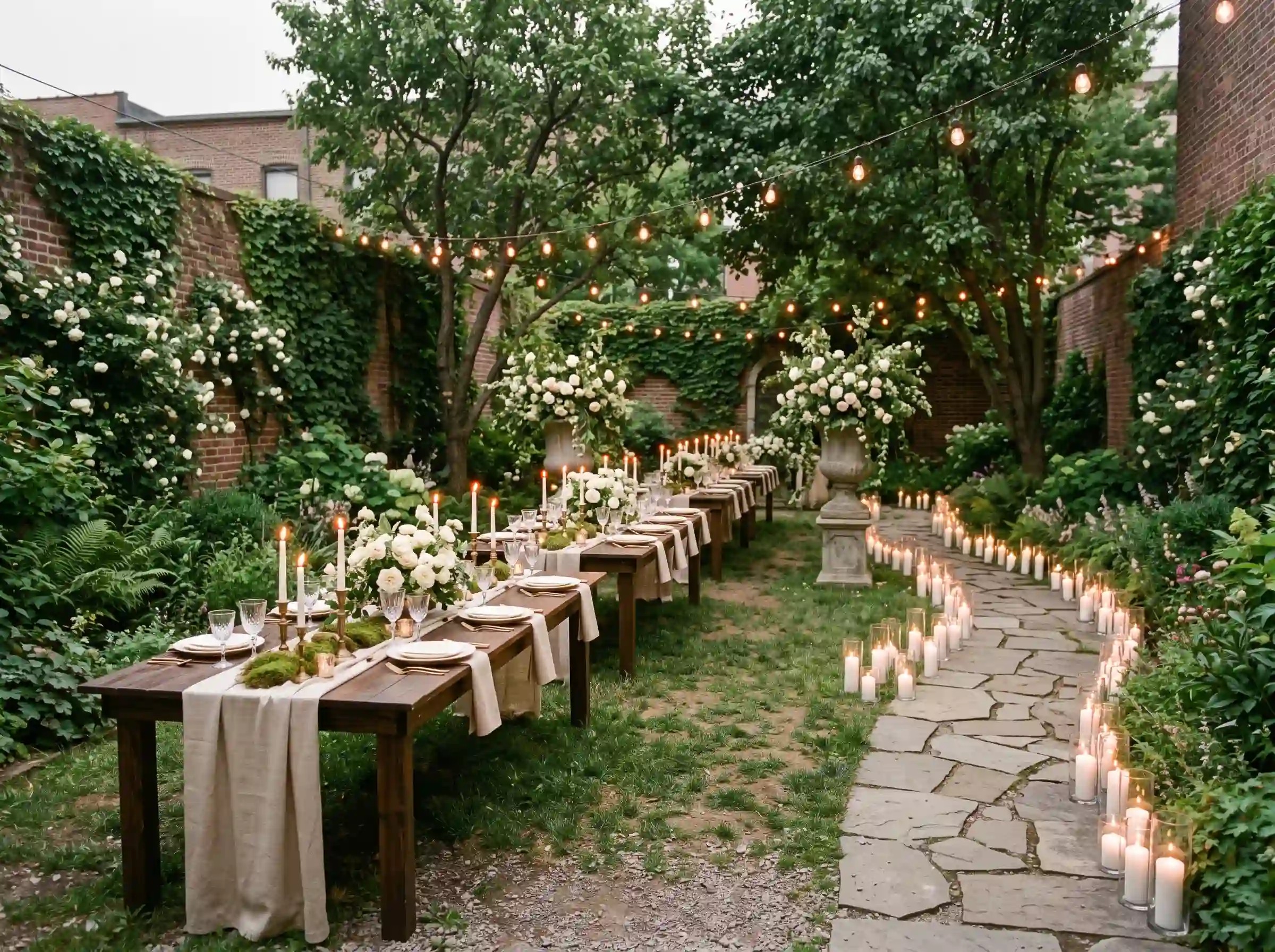 Secret garden candle courtyard wedding reception with hundreds of glowing candles and lush climbing vines