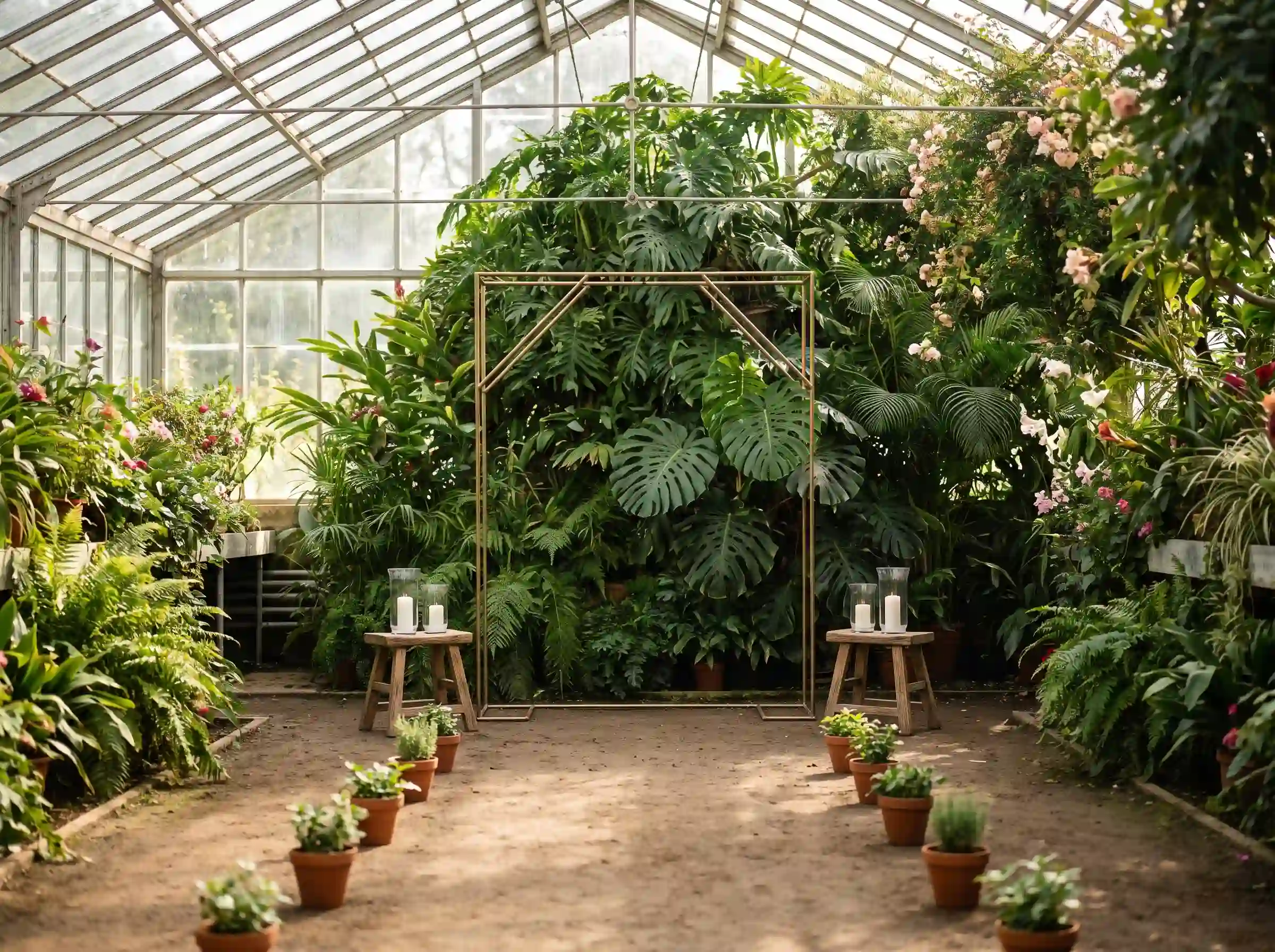 Ceremony setup inside greenhouse with existing plants as backdrop and brass geometric arch with candles