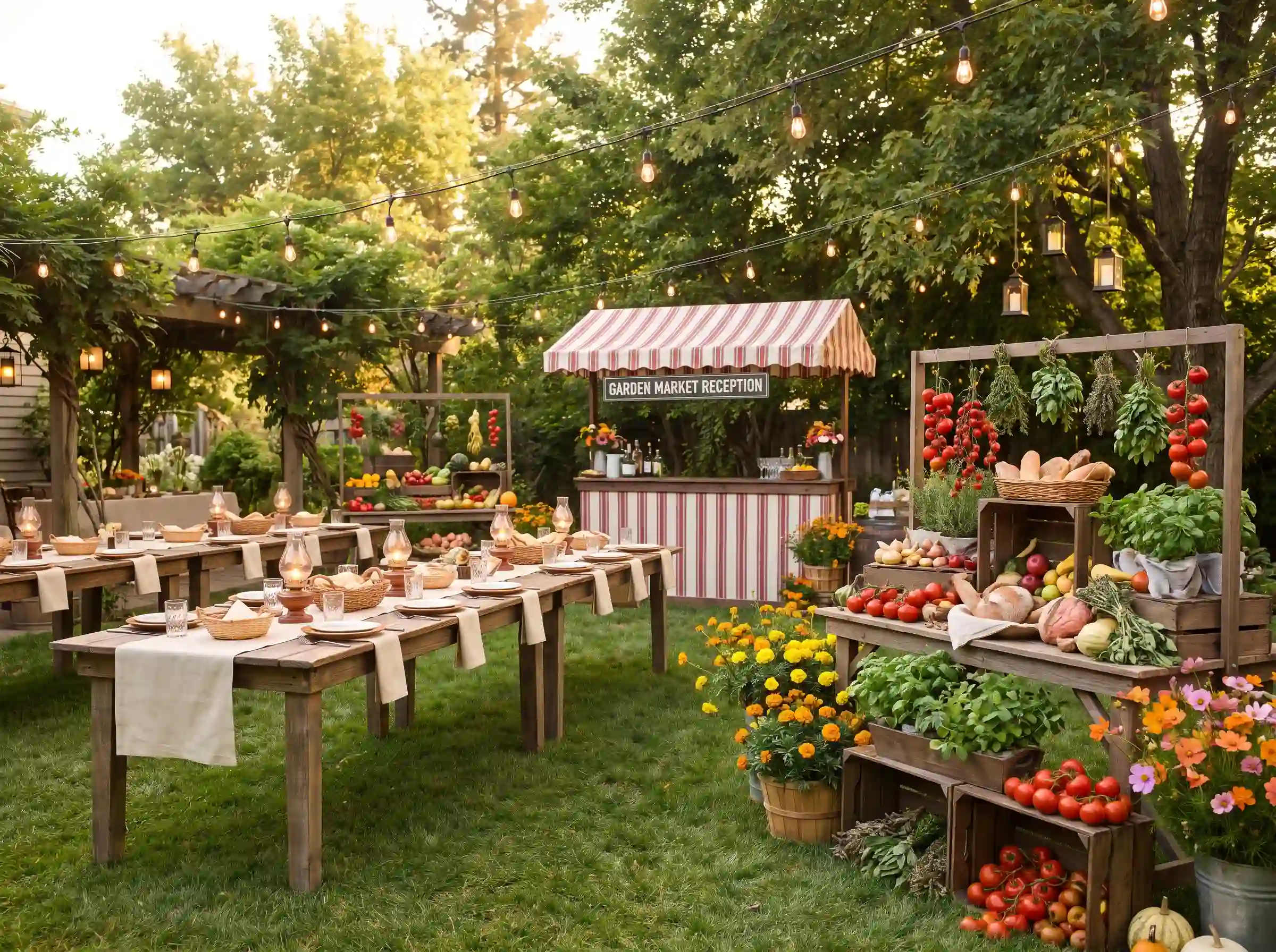 Cheerful garden market wedding reception with produce stands and colorful zinnias