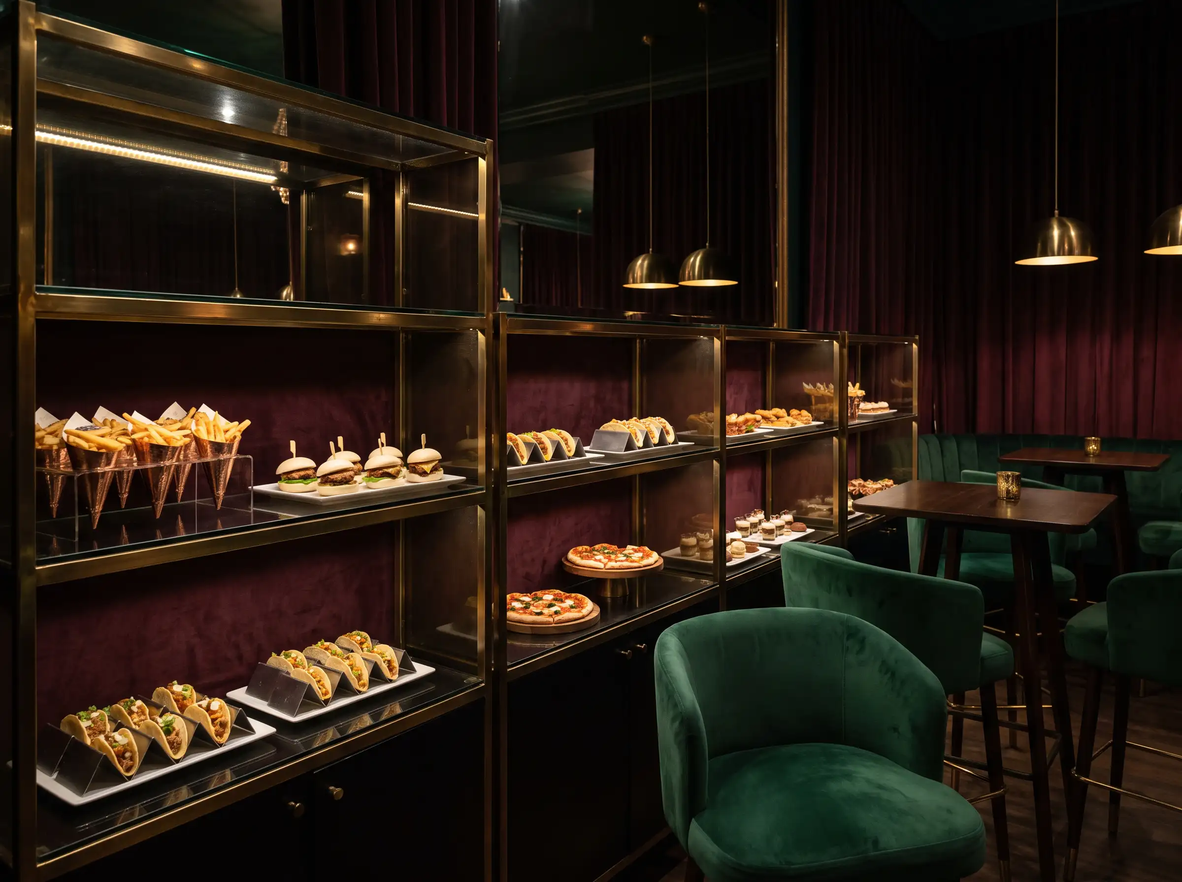 Midnight cocktail lounge wedding buffet with smoked glass shelving emerald velvet and dramatic spotlighting