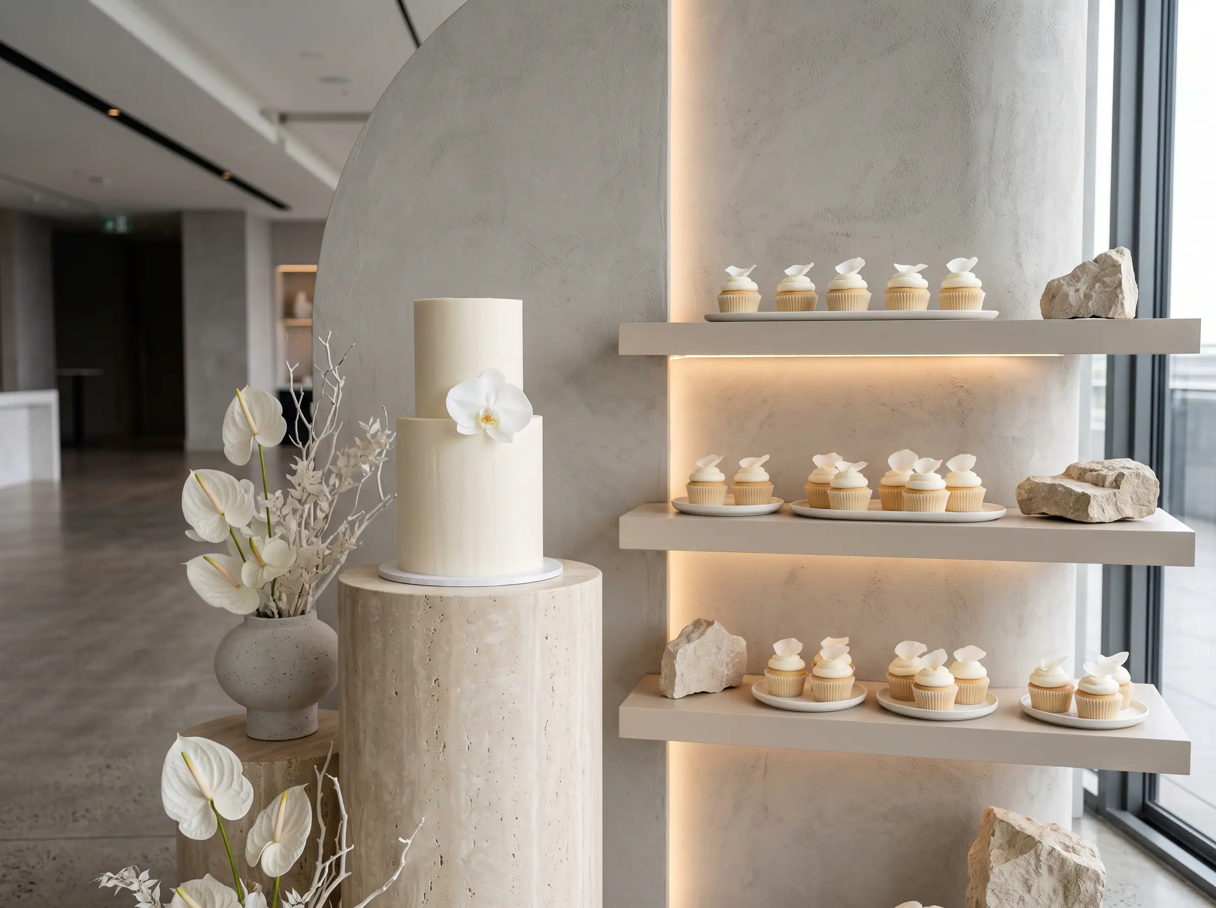 Monochrome minimalist luxe dessert station with clean modern lines small wedding cake and sleek cupcakes