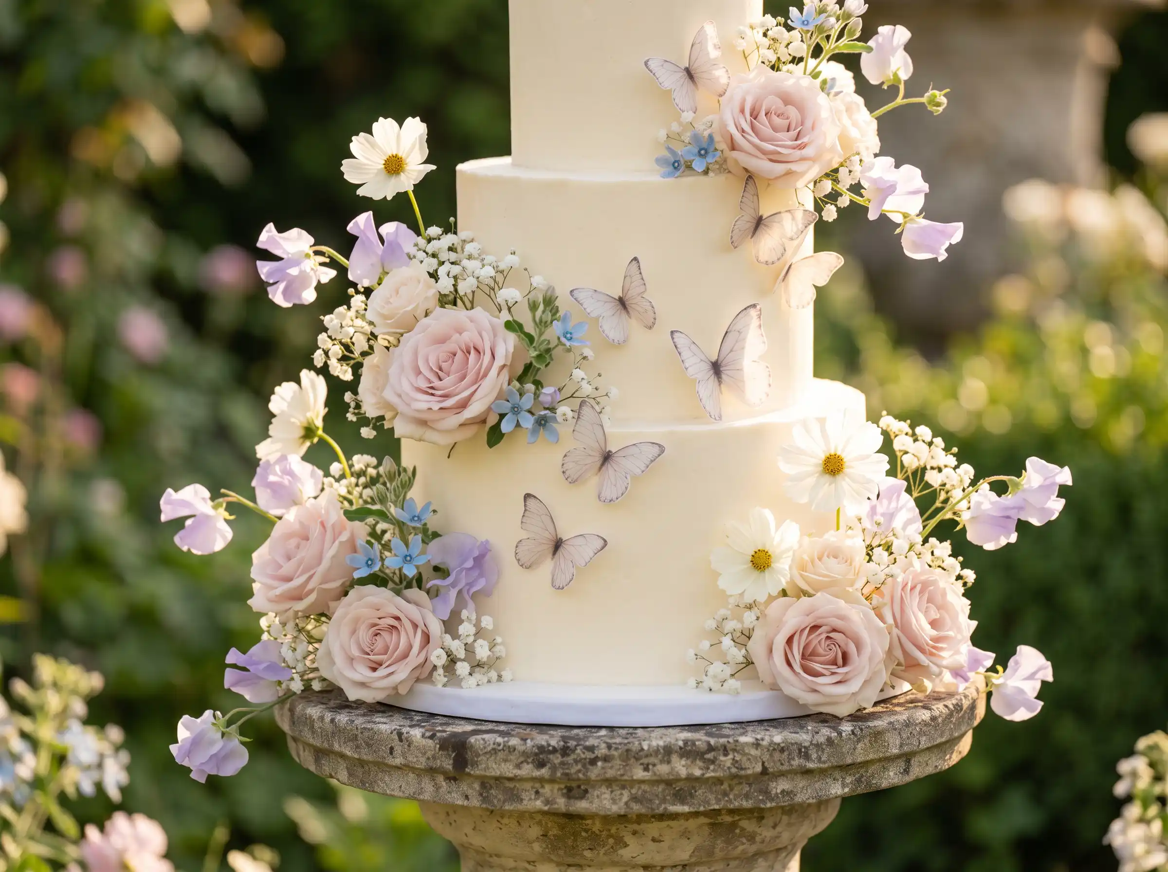 Whimsical pastel butterfly garden wedding cake with edible butterflies and soft floral decorations