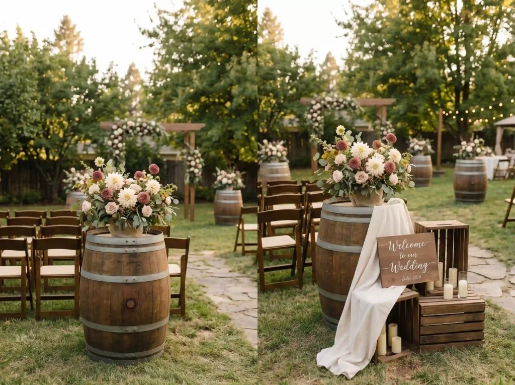 Rustic Barrels Blooms Inspiration Repurposed wi Barrels and blooms rustic wedding