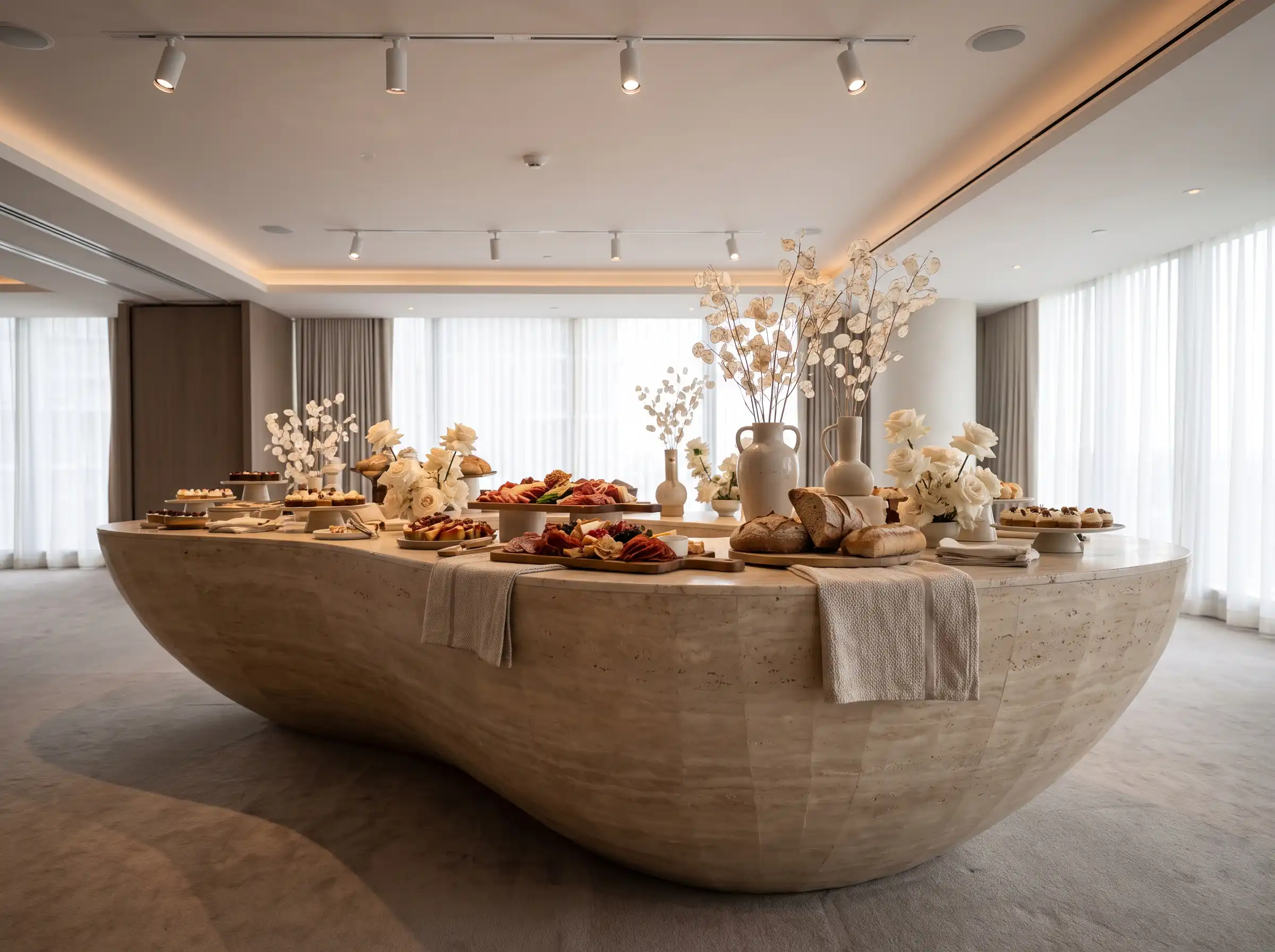 Sculptural travertine stone island serving wedding hors d'oeuvres with cream roses and dried lunaria