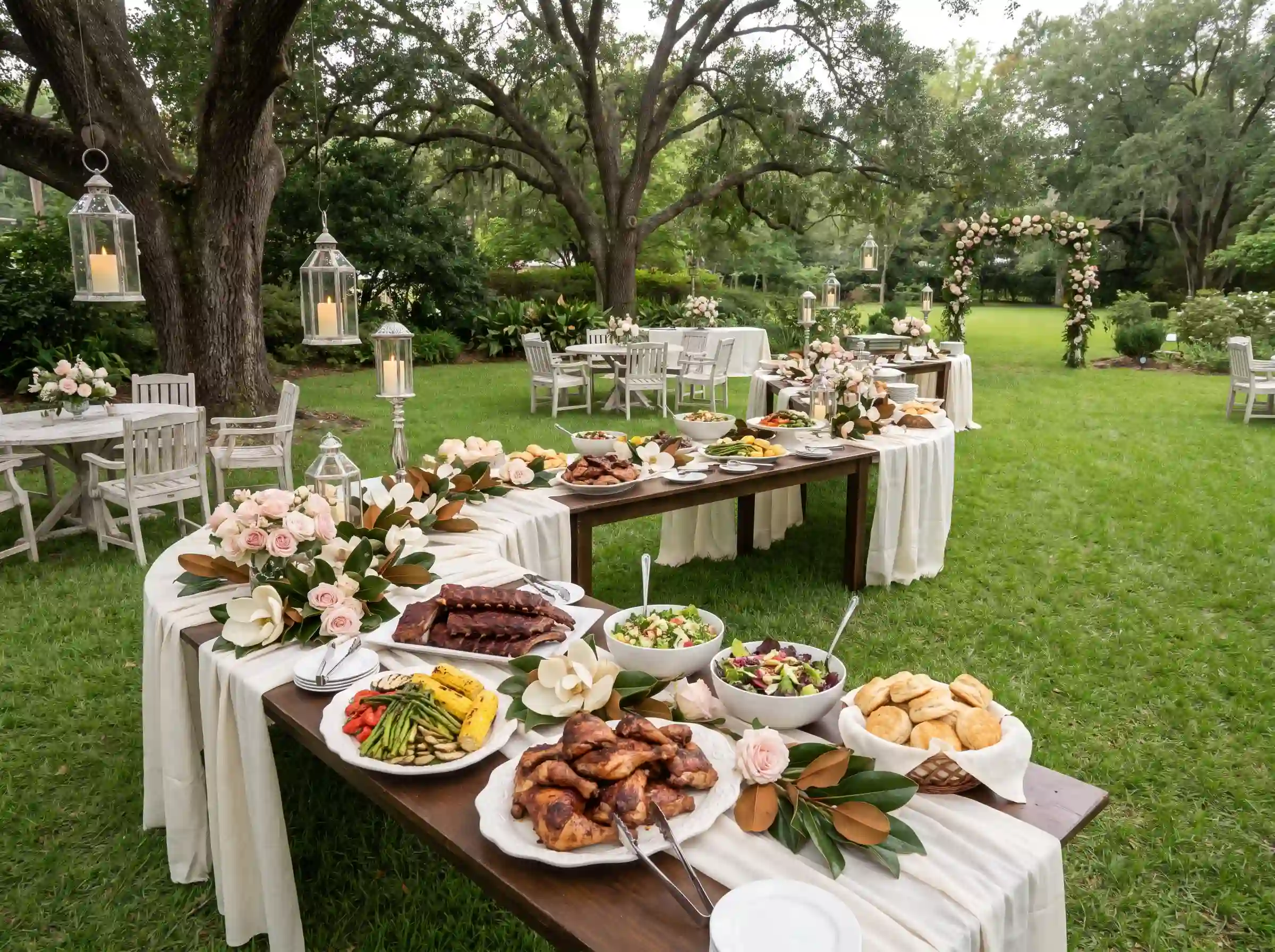 Graceful Southern garden BBQ wedding buffet with smoked chicken and crystal lantern centerpieces