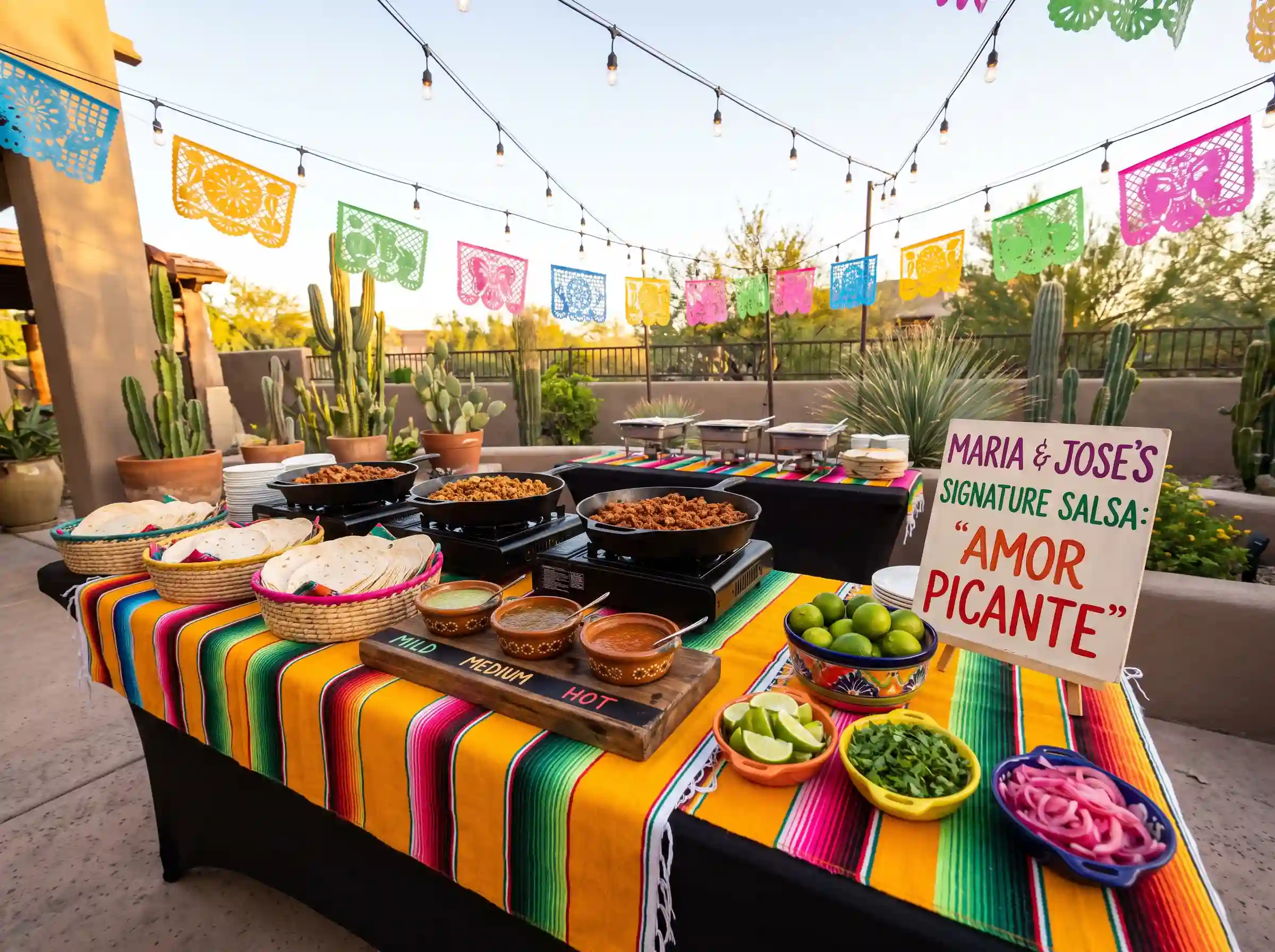 Vibrant outdoor taco fiesta bar with serape runner cast iron pans woven tortilla baskets salsa flight and papel picado banners