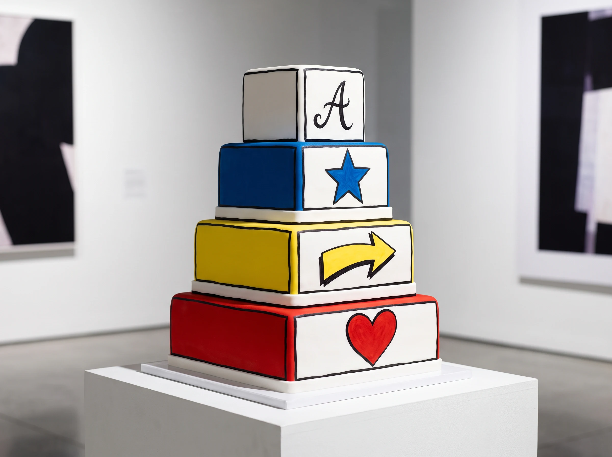 Four square tier color block wedding cake in cobalt yellow red and white with graphic motifs