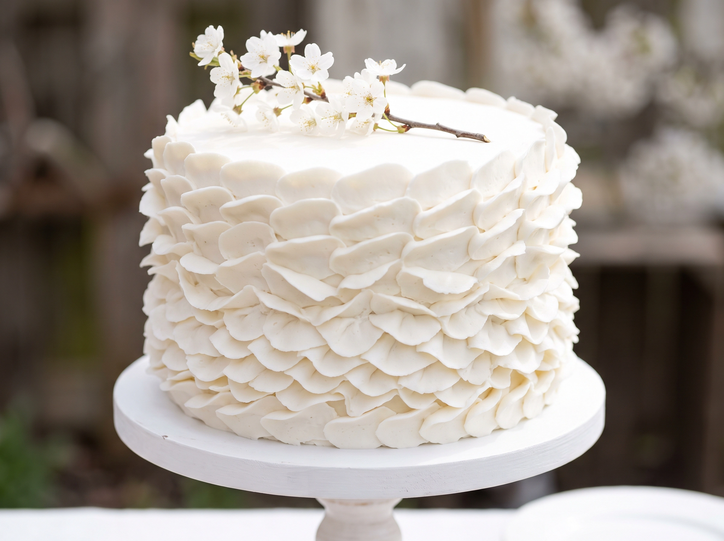 Elegant white ruffled buttercream wedding cake with fresh cherry blossom branch on top
