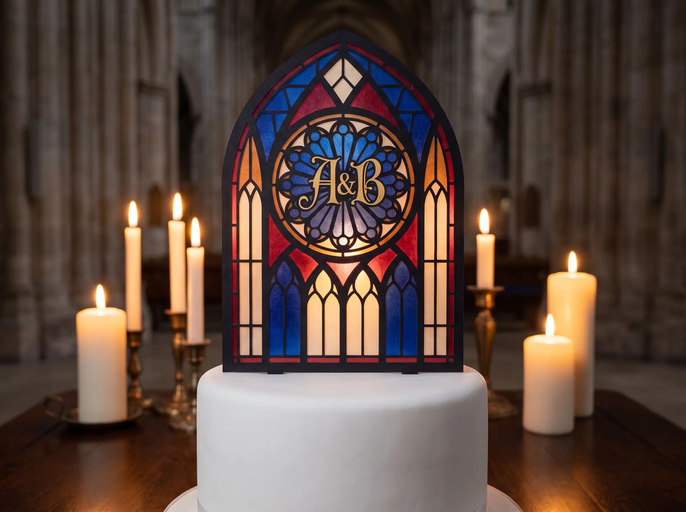 Gothic stained glass window arch cake topper in cobalt blue ruby red and gold
